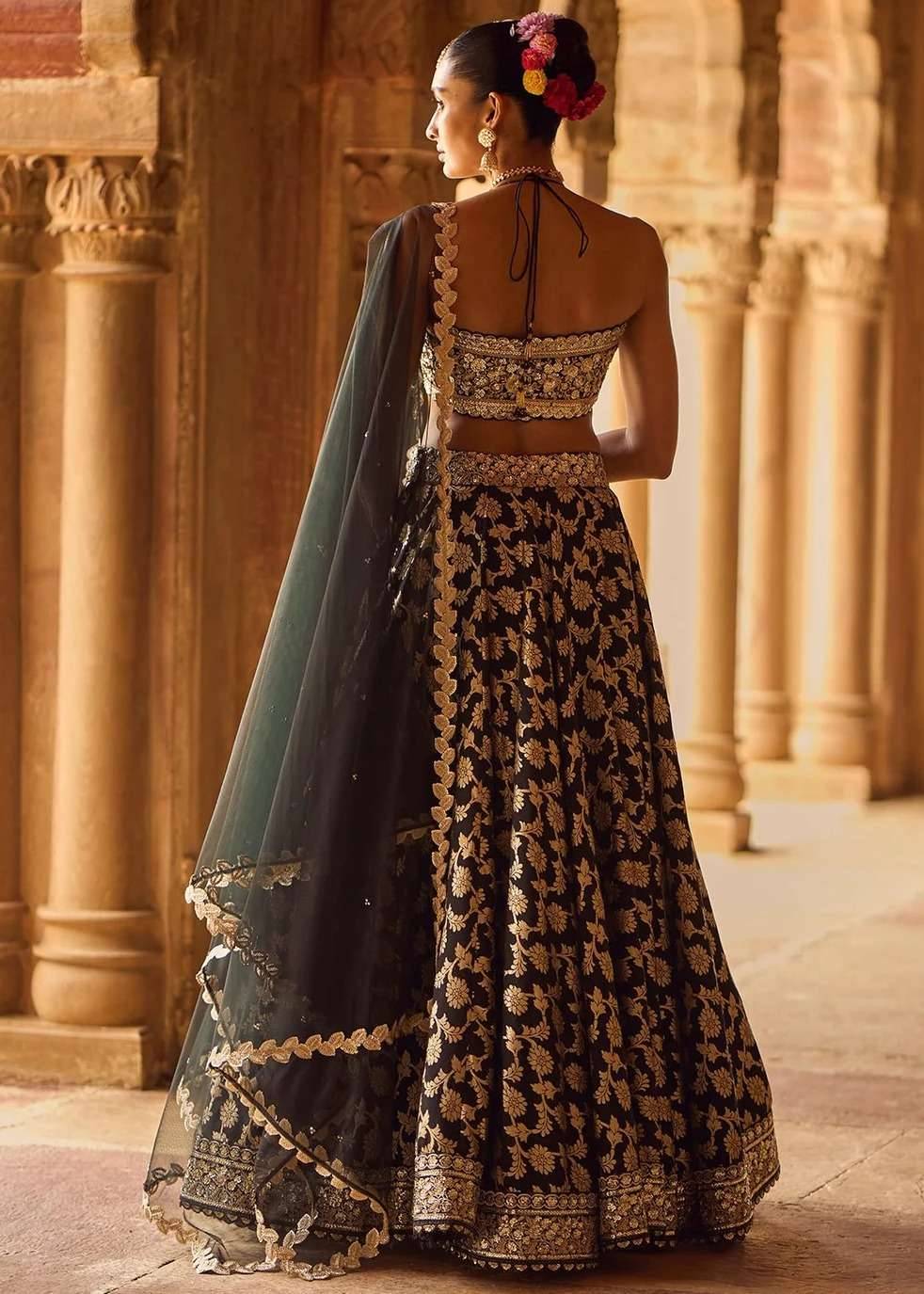 Black Embroidered Brocade Lehenga Image - 2