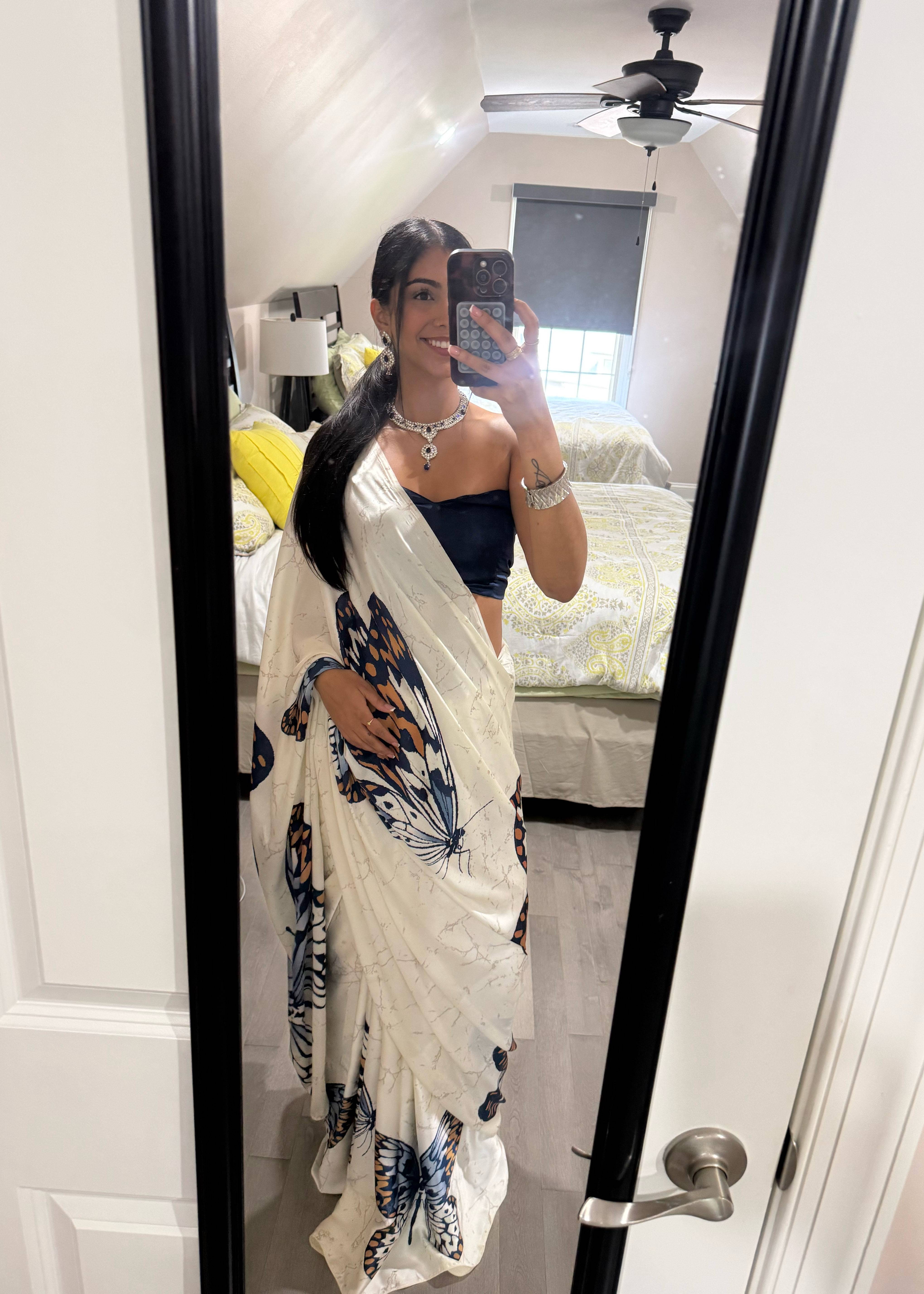 Ivory Butterfly Print Sari Image - 1