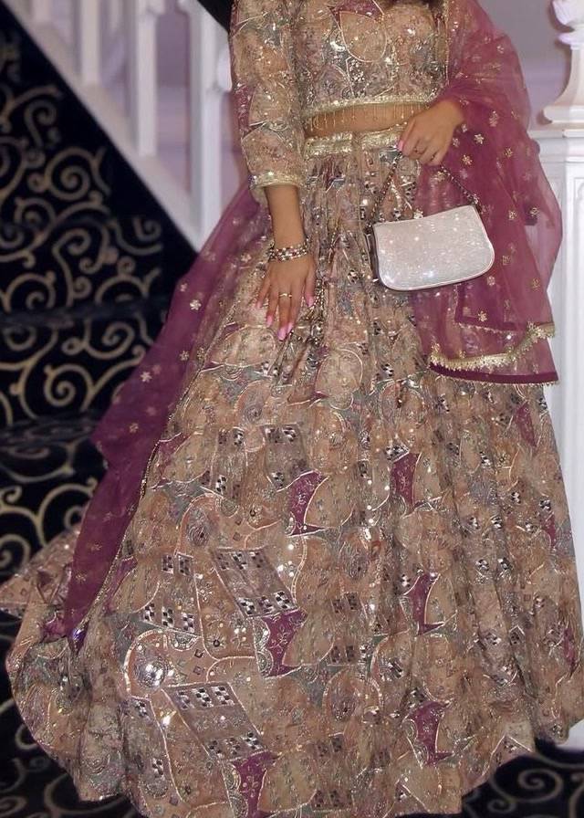 Beige Printed Mirrorwork Lehenga Image - 1