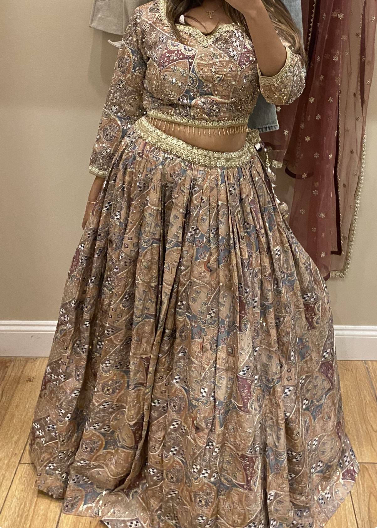 Beige Printed Mirrorwork Lehenga Image - 0