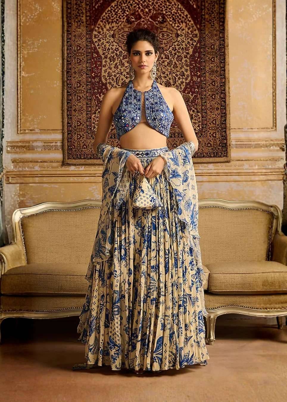 Blue Floral Jaal Lehenga Image - 0