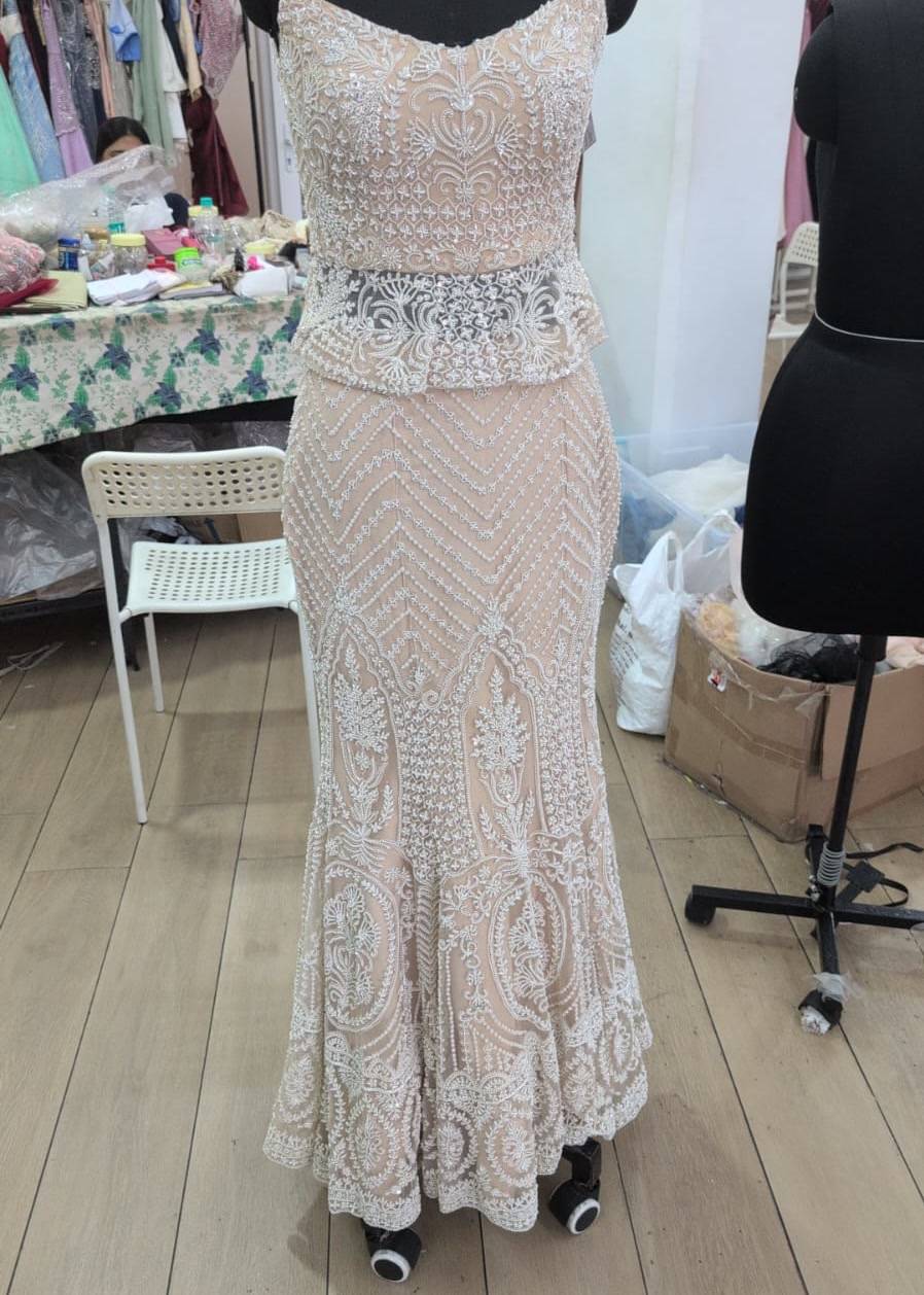 Ivory Beaded Peplum Lehenga Image - 0