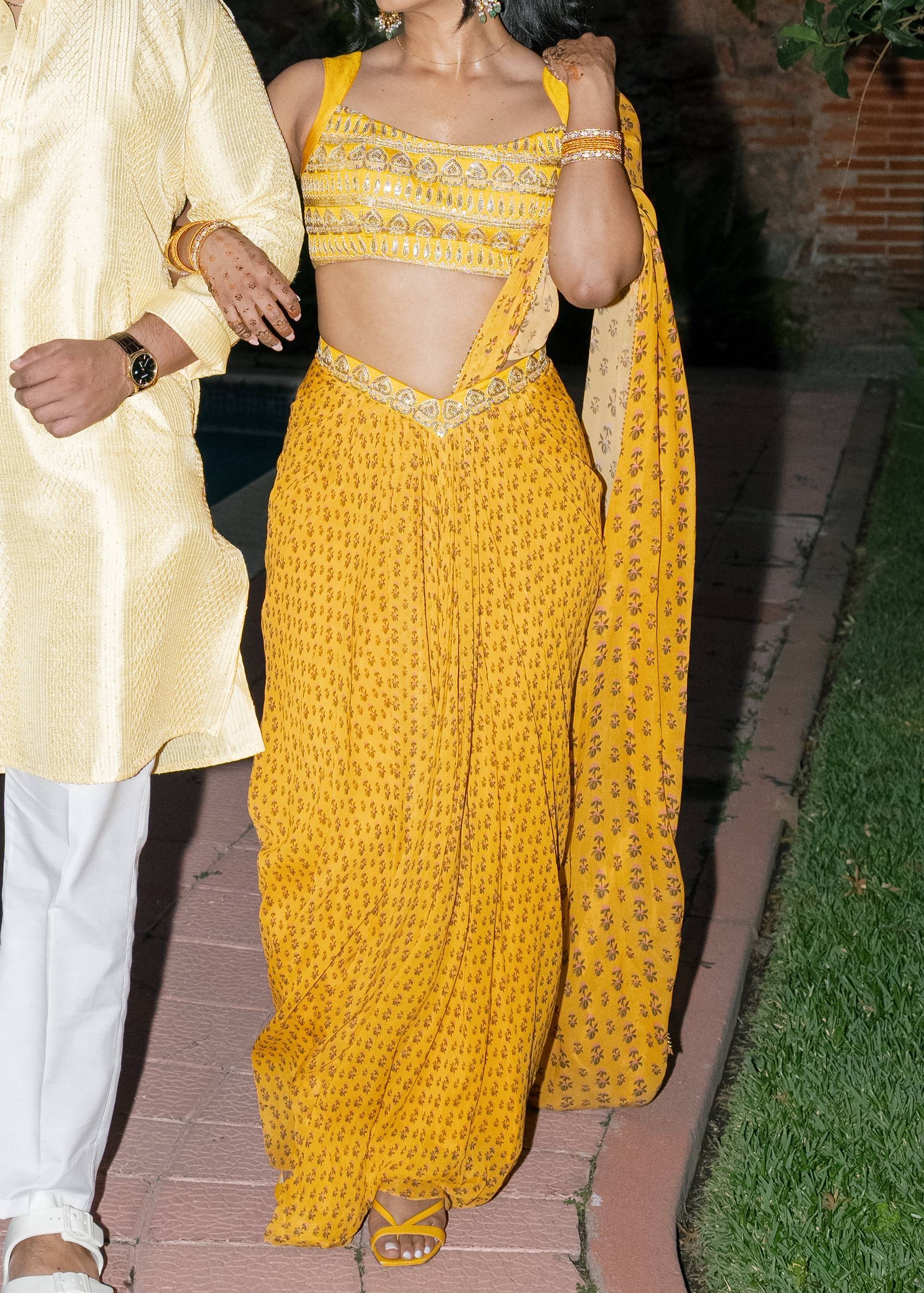Marigold Block Print Sari Image - 1