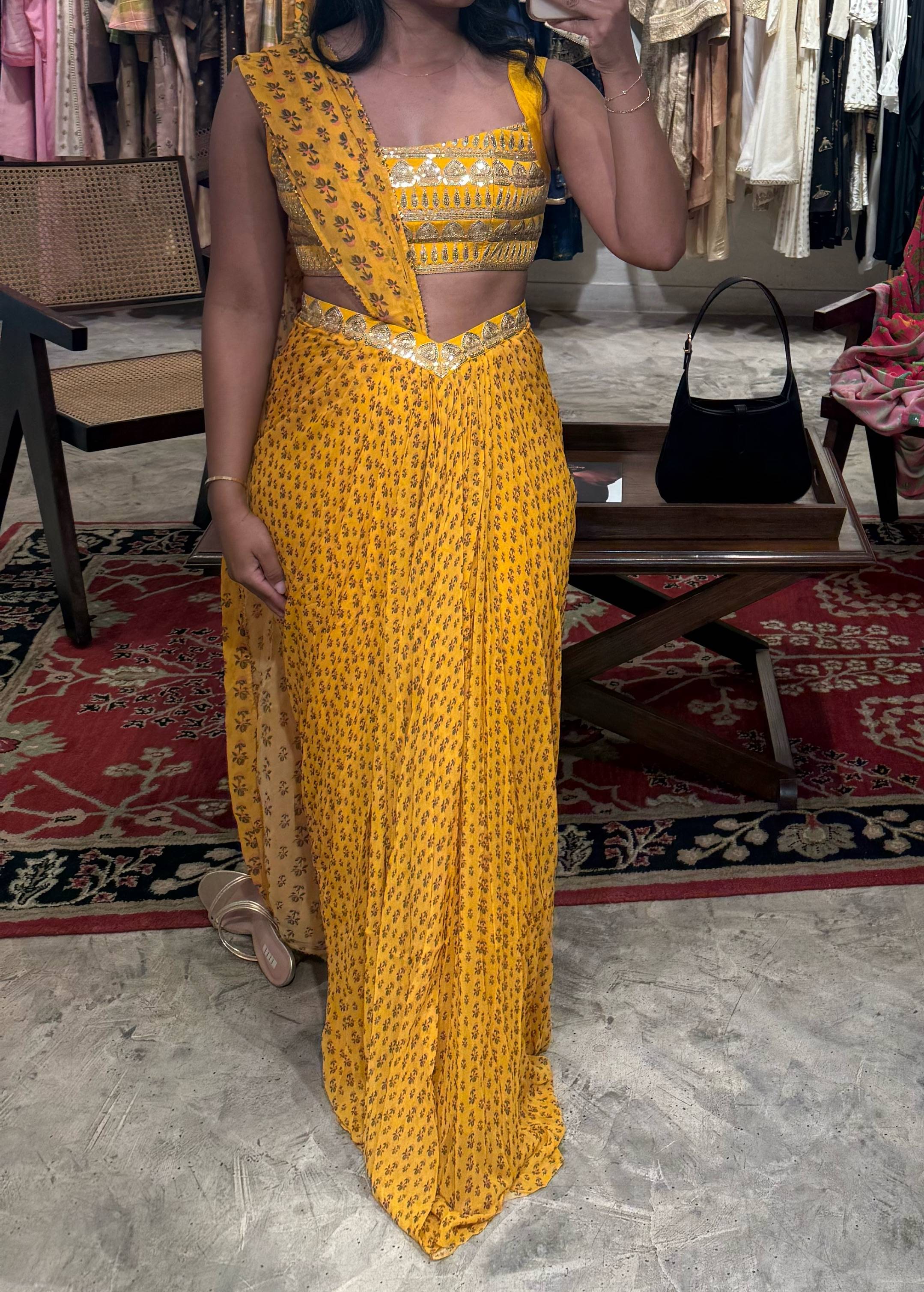 Marigold Block Print Sari Image - 0