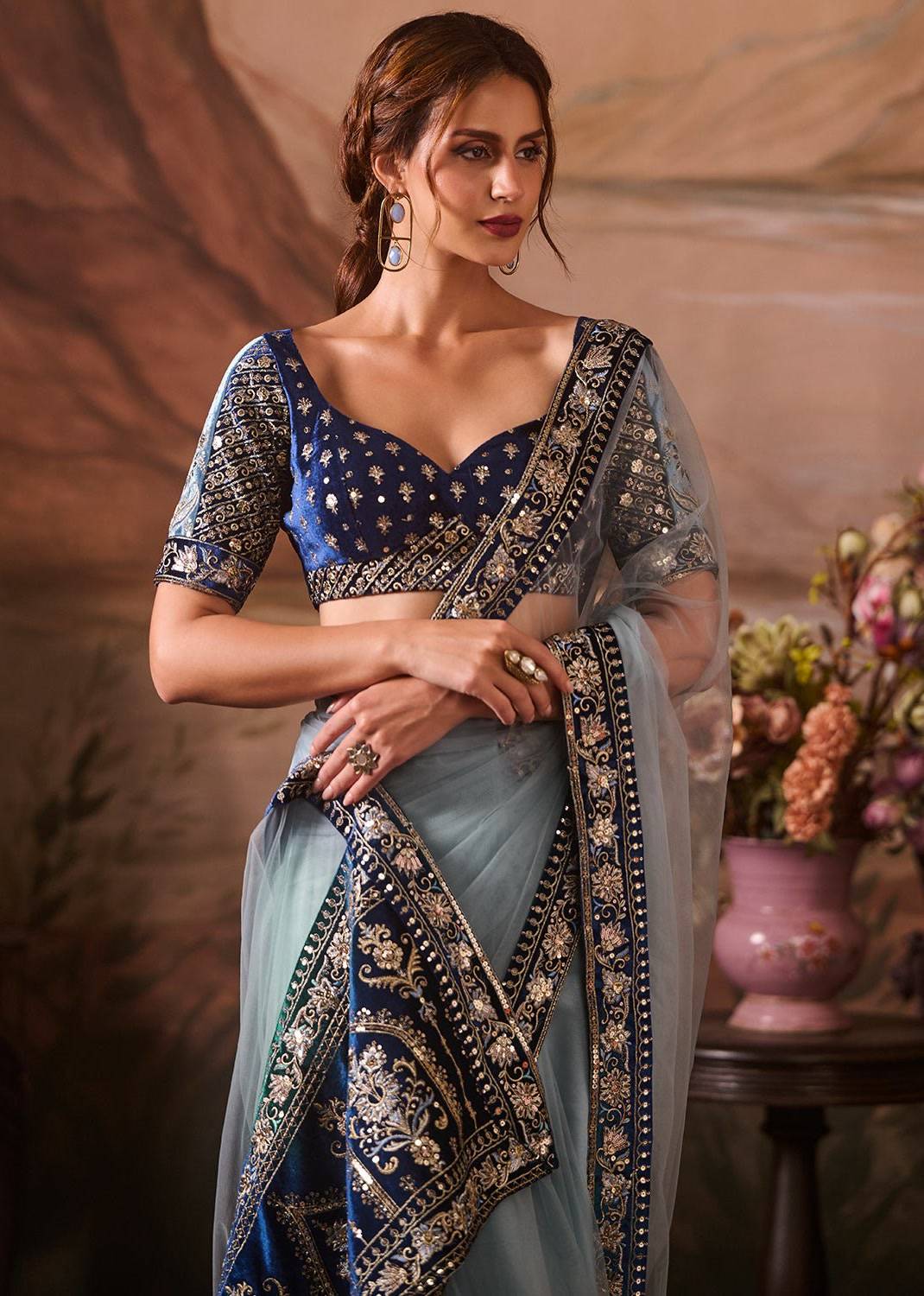 Powder Blue Embroidered Net Sari Image - 2