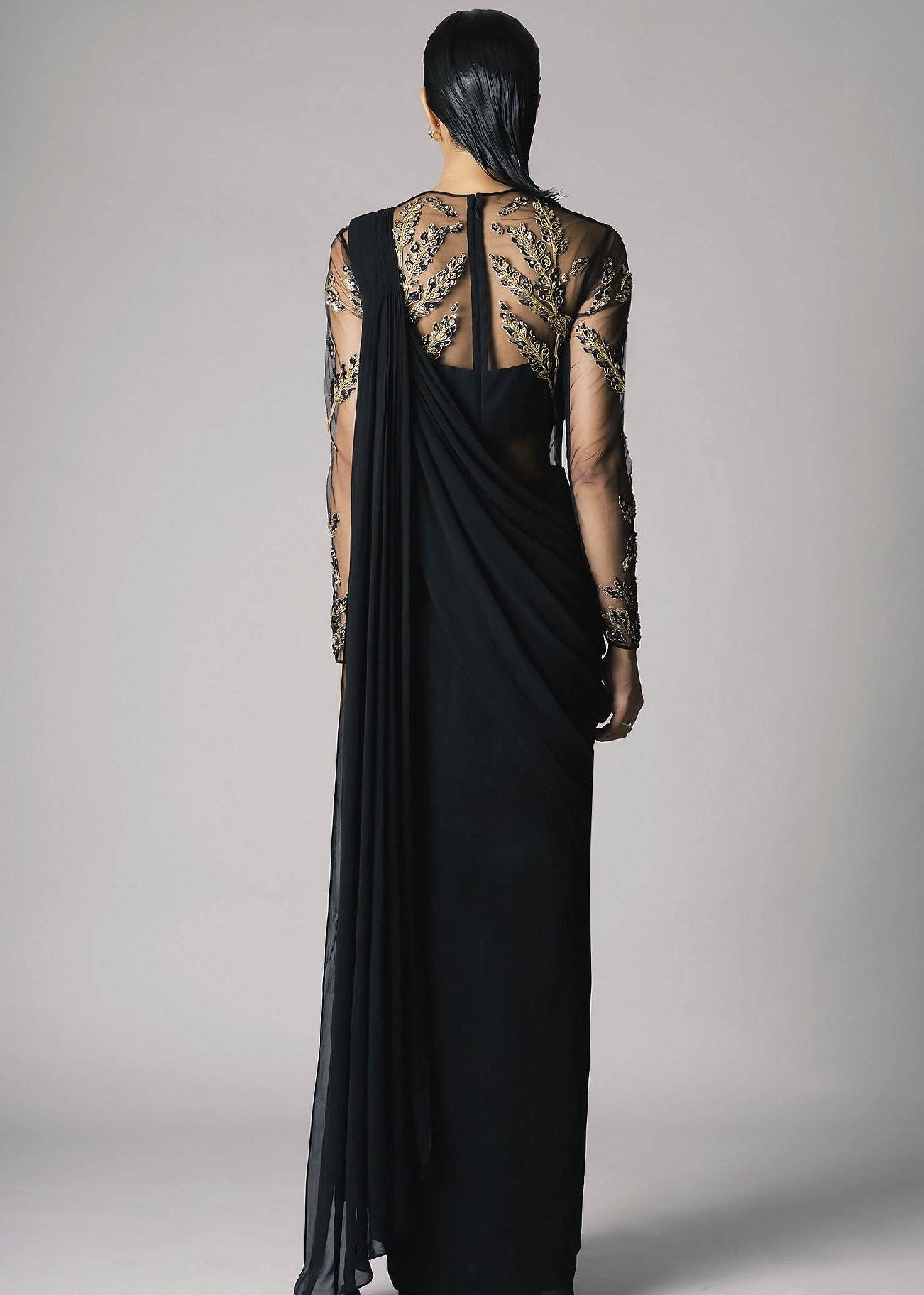 Black Embellished Sari Gown Image - 1