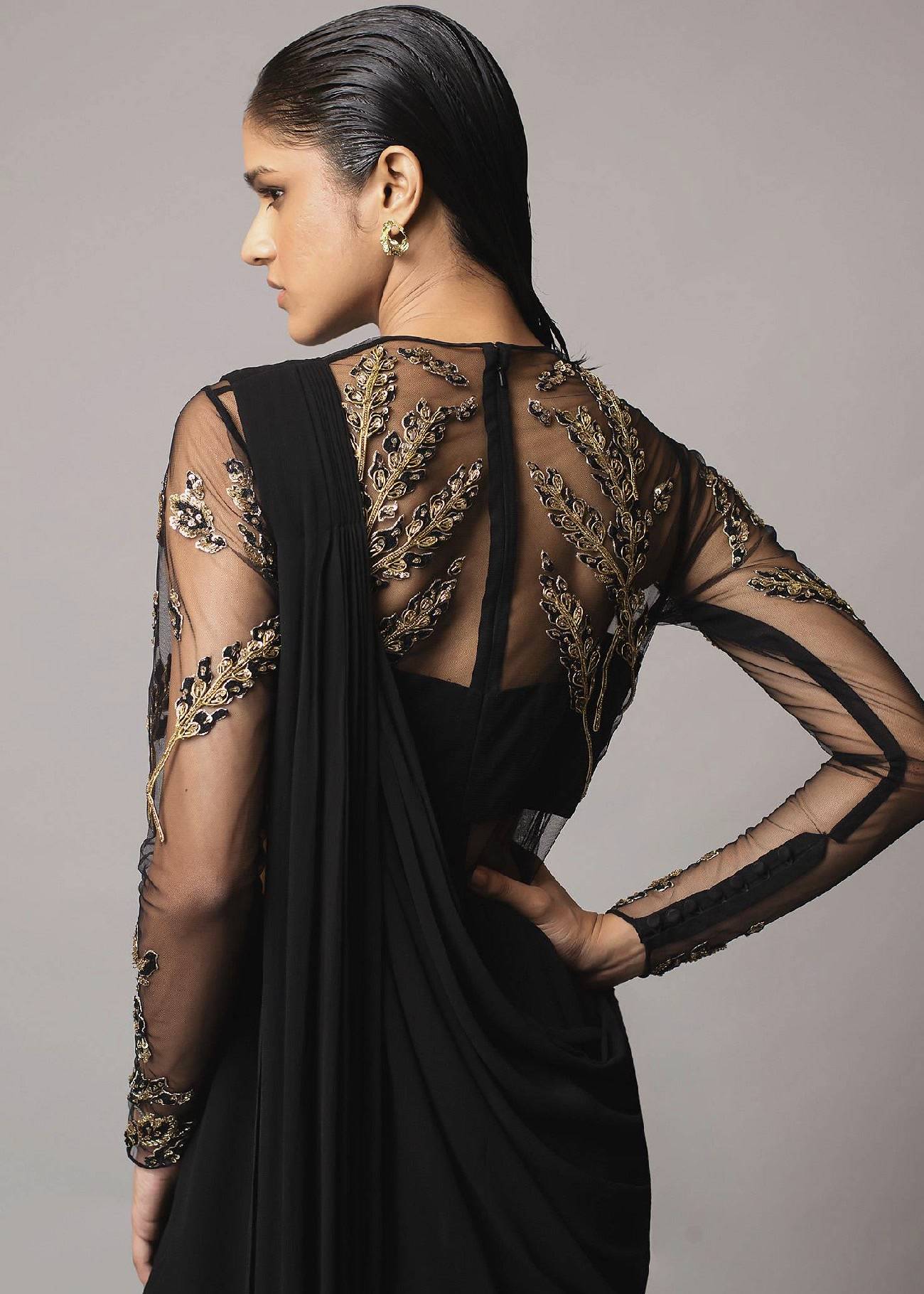 Black Embellished Sari Gown Image - 3