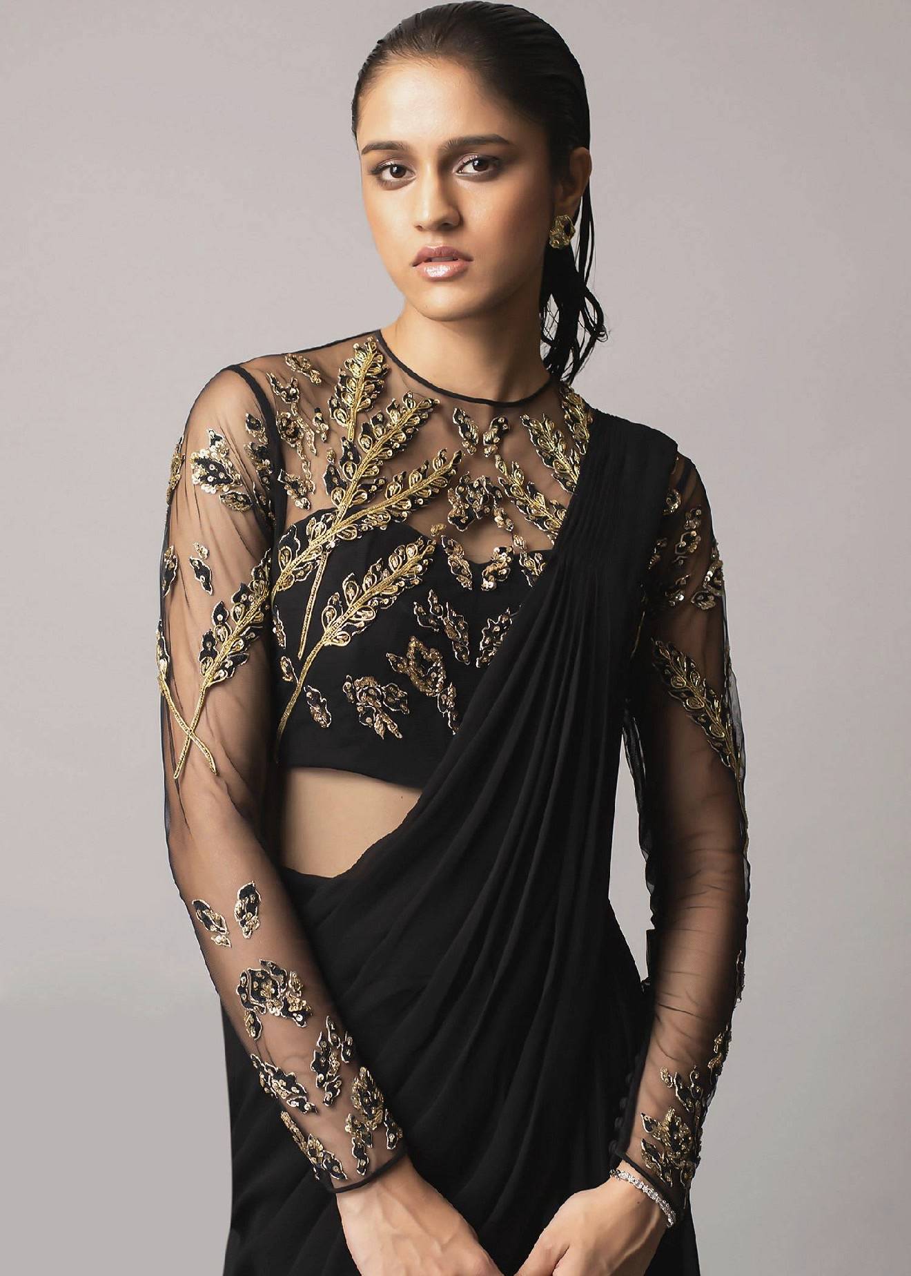 Black Embellished Sari Gown Image - 2