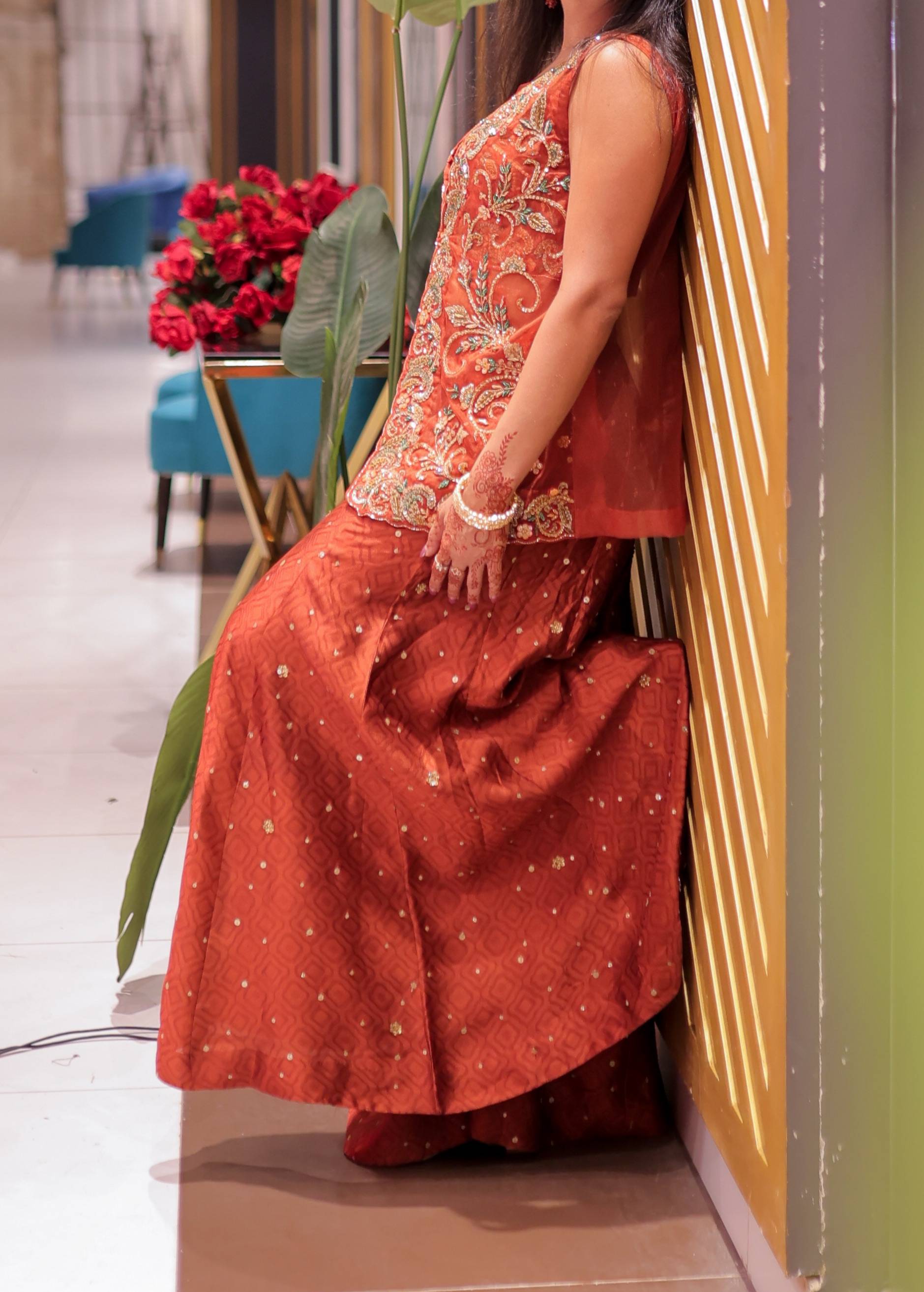 Rust Embroidered Jacket Set Image - 2