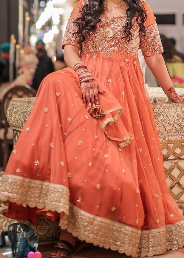 Orange Embroidered Anarkali Gown Image - 2