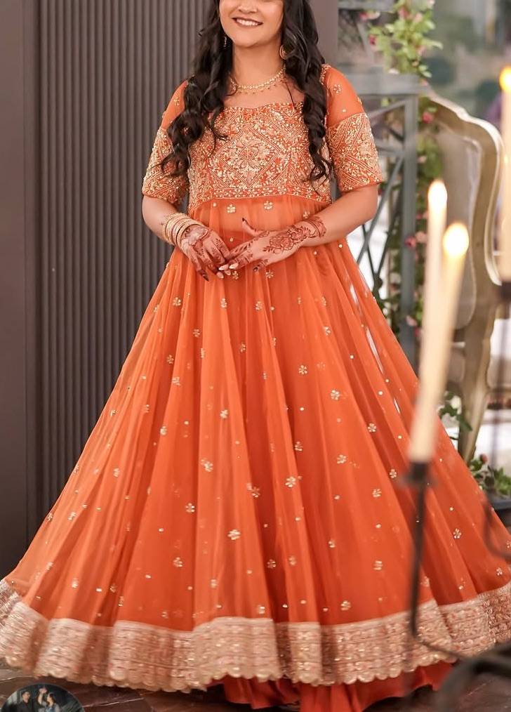 Orange Embroidered Anarkali Gown Image - 0