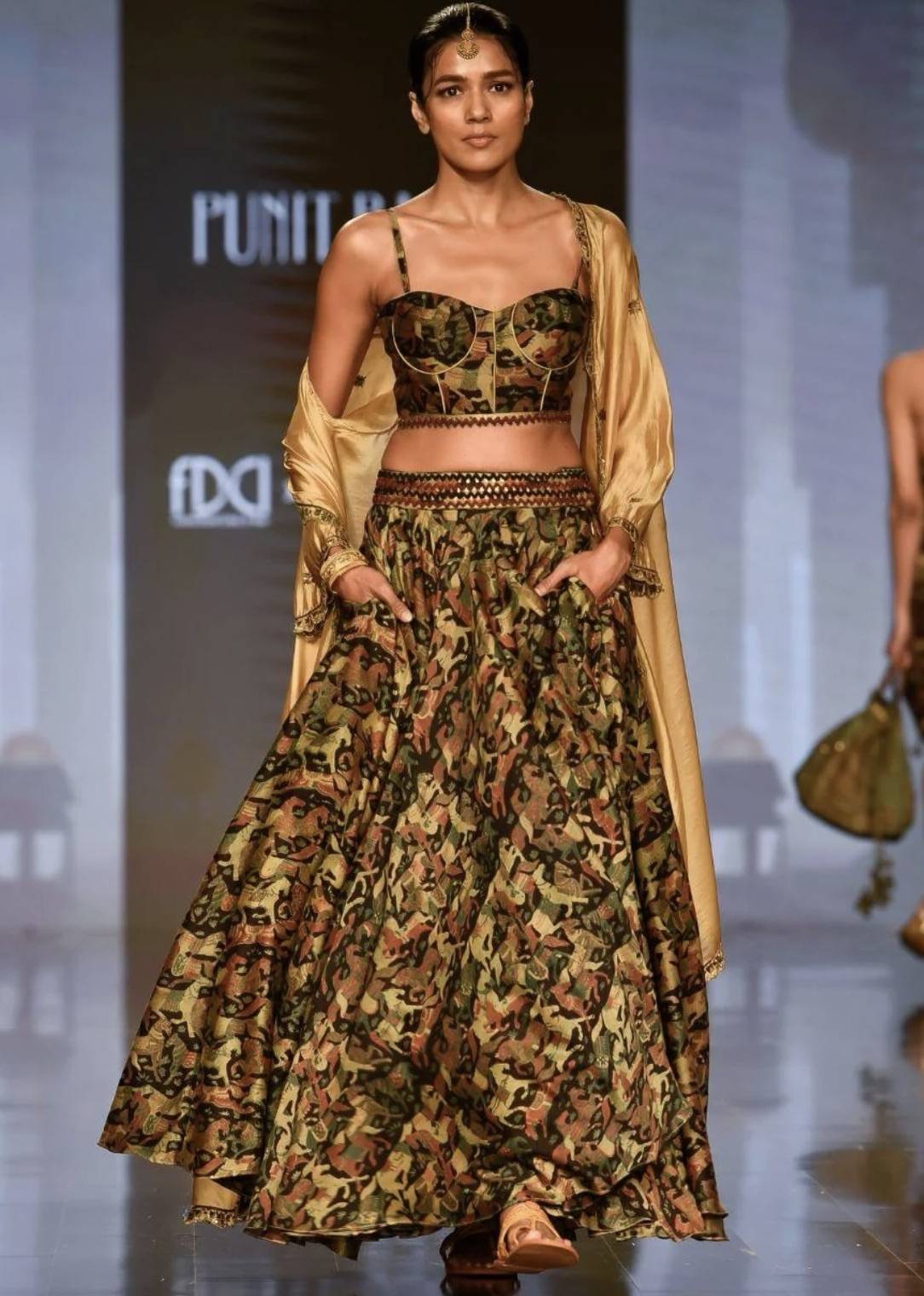 Olive Green Mixed Print Lehenga Image - 1