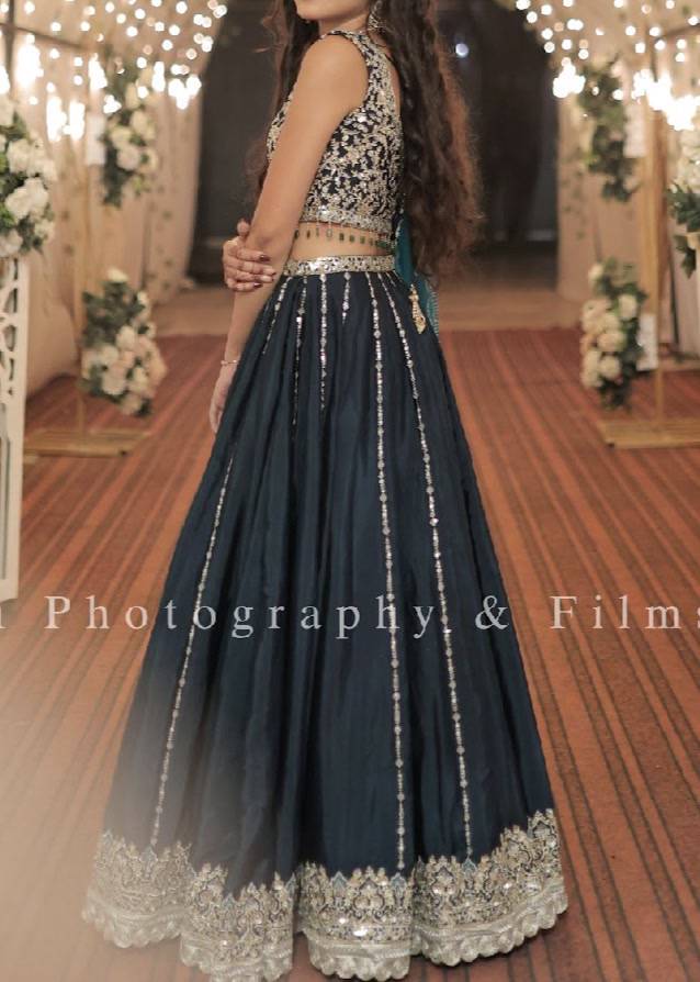 Teal Sequin Striped Lehenga Image - 1