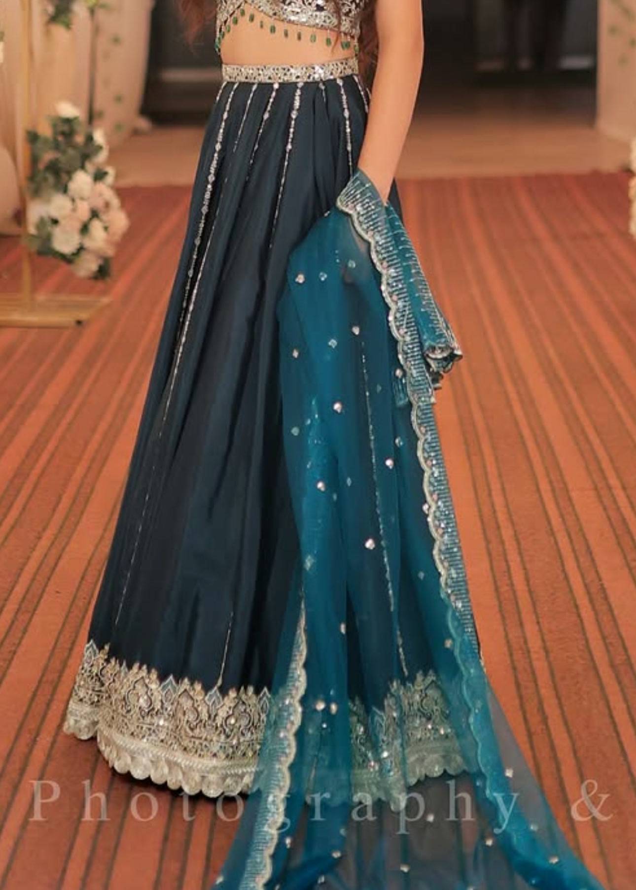 Teal Sequin Striped Lehenga Image - 2