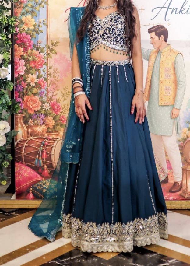 Teal Sequin Striped Lehenga Image - 0