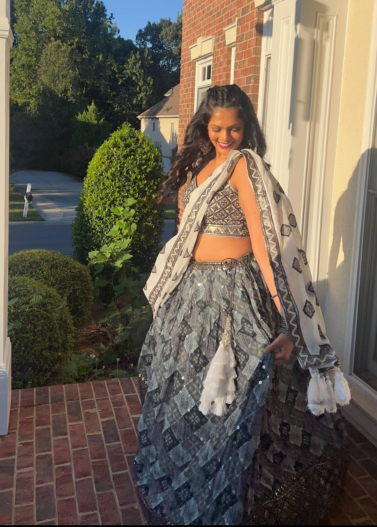 Grey and Blue Printed Lehenga Image - 3