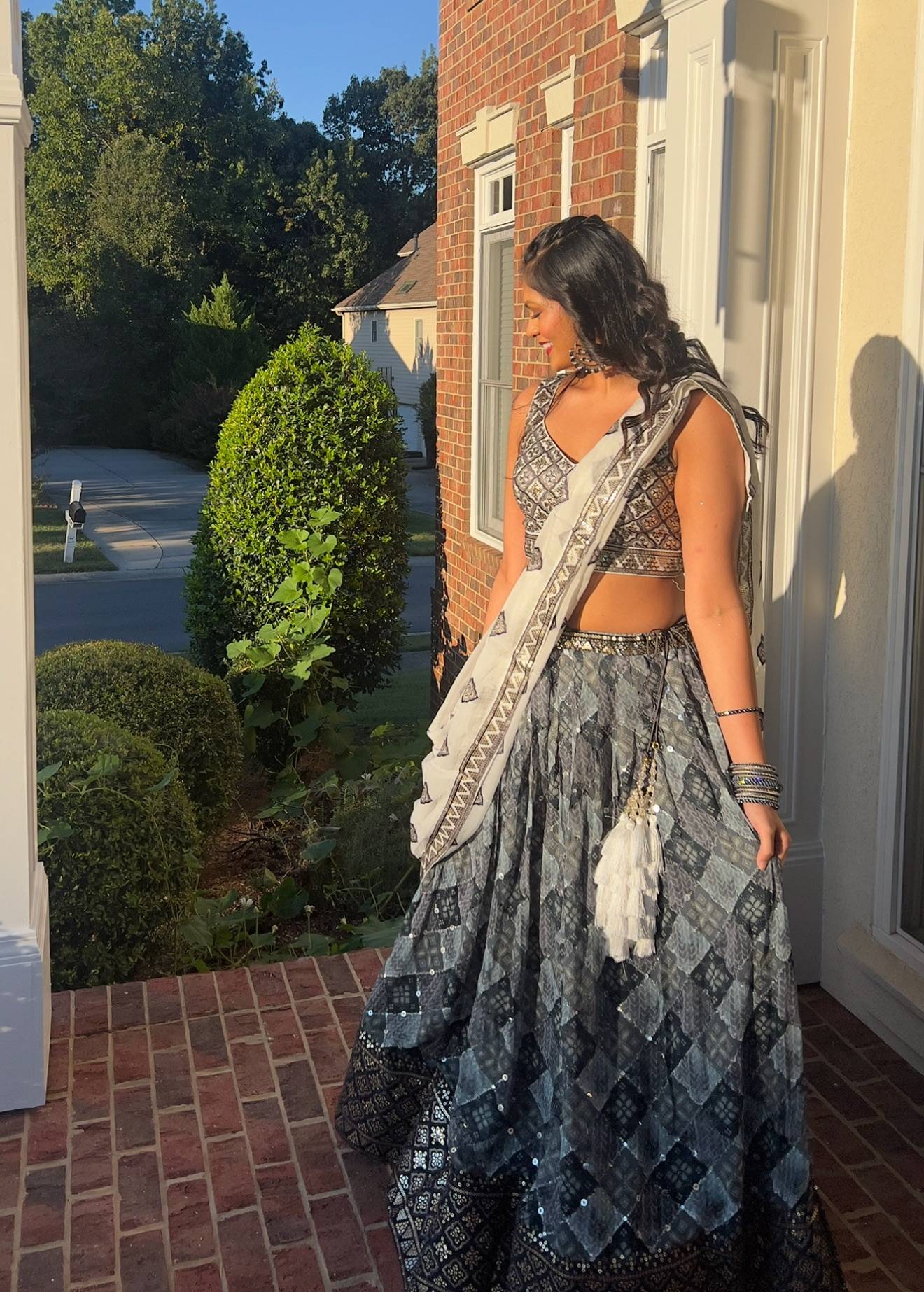 Grey and Blue Printed Lehenga Image - 2