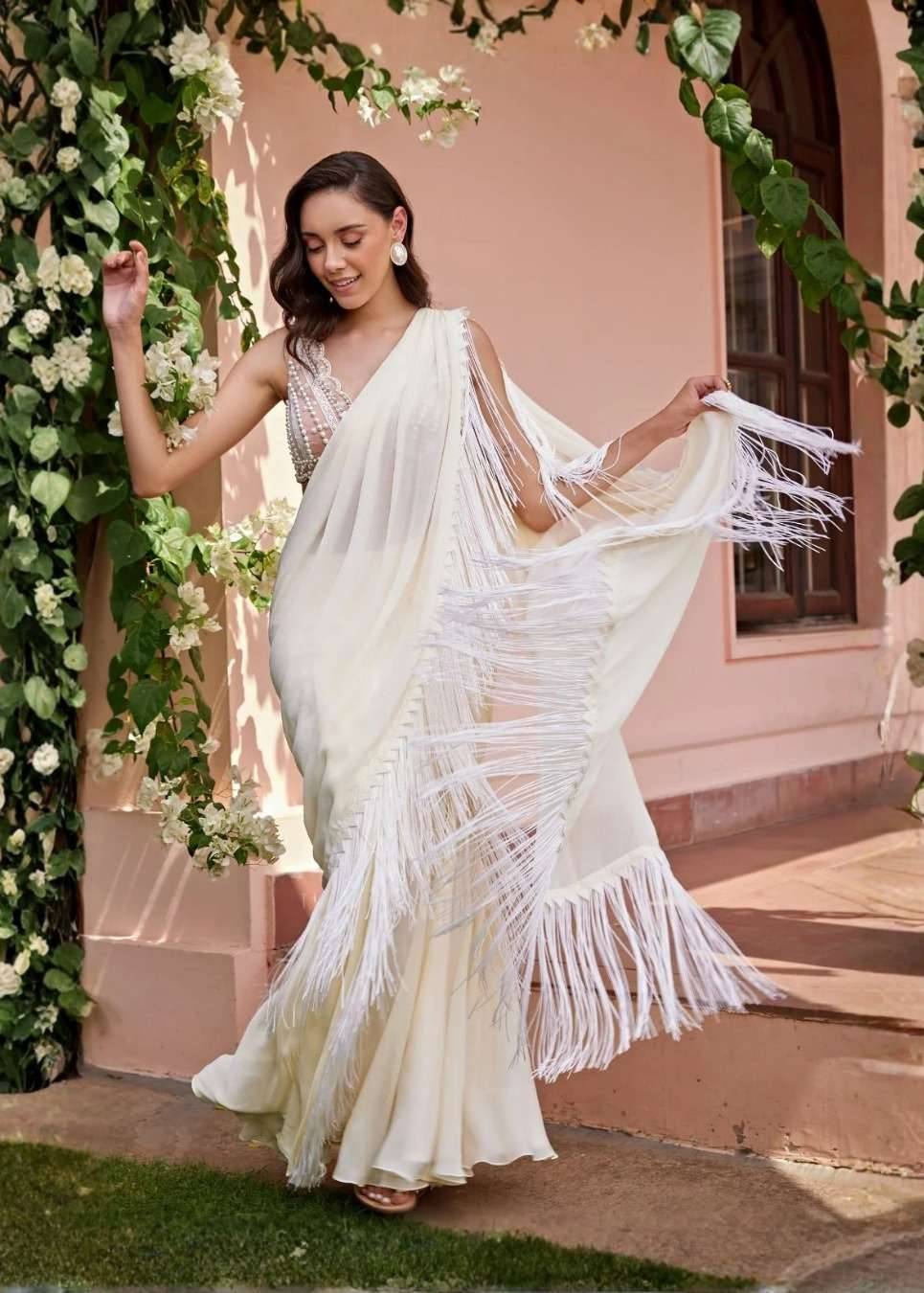 Ivory Fringe Sari Image - 5