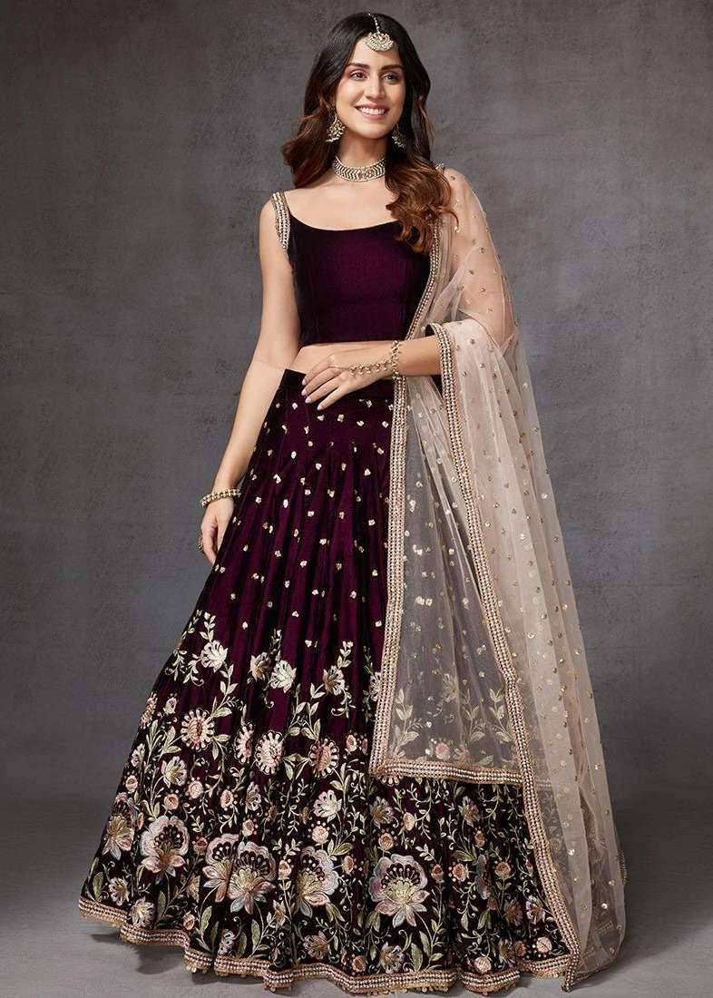 Wine Velvet Mirrorwork Lehenga Image - 0