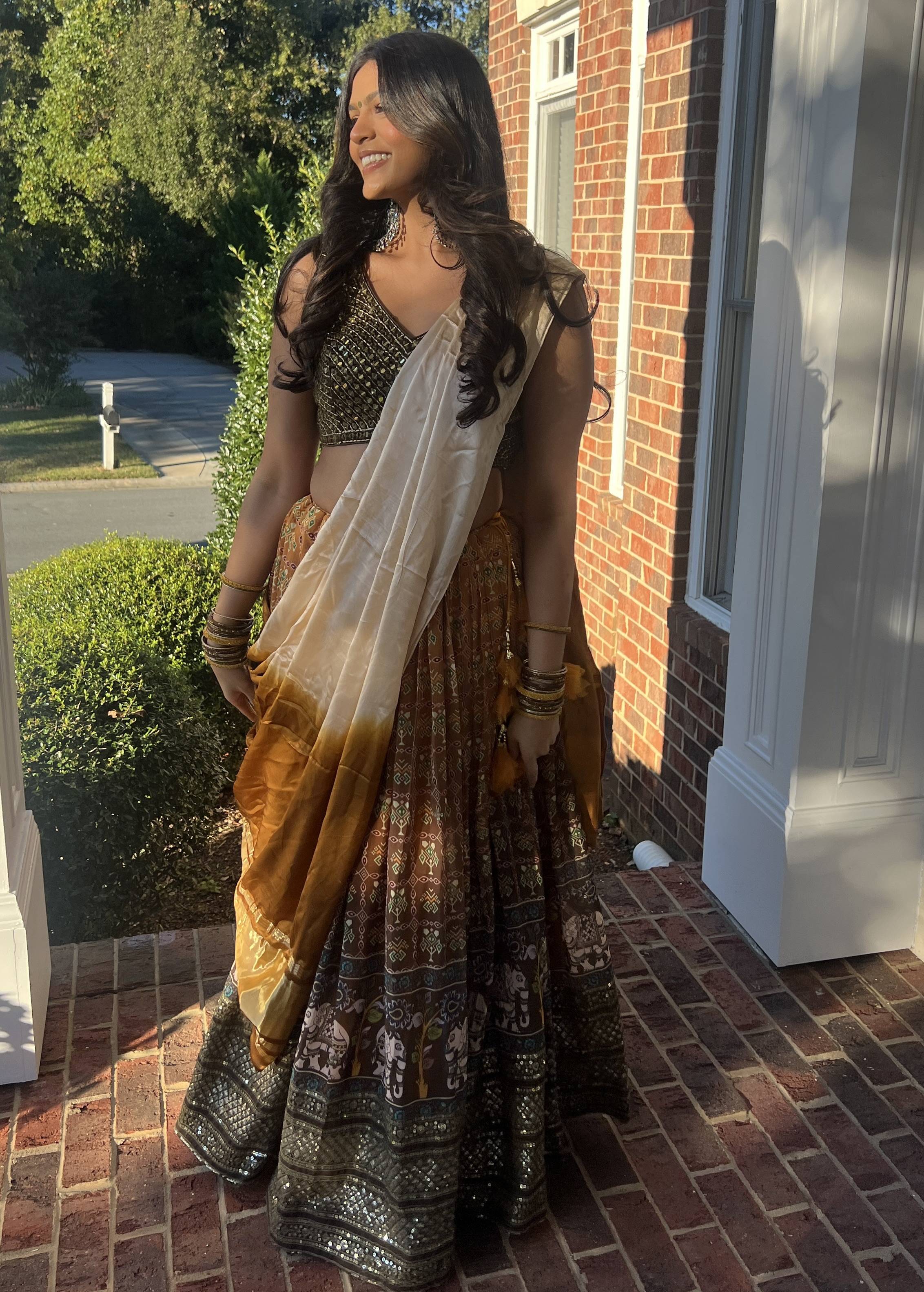 Brown Printed Mirrorwork Lehenga Image - 3