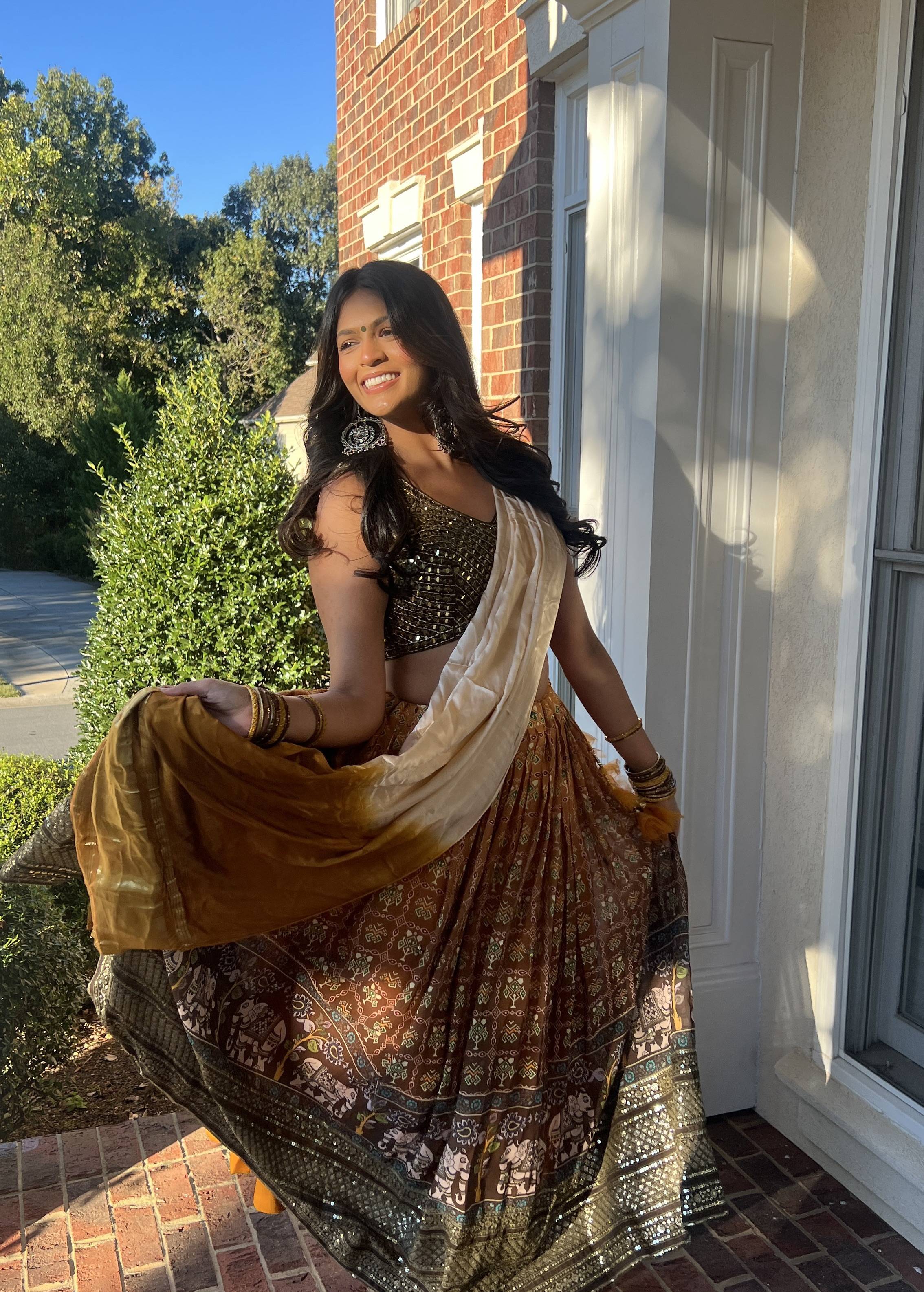 Brown Printed Mirrorwork Lehenga Image - 2