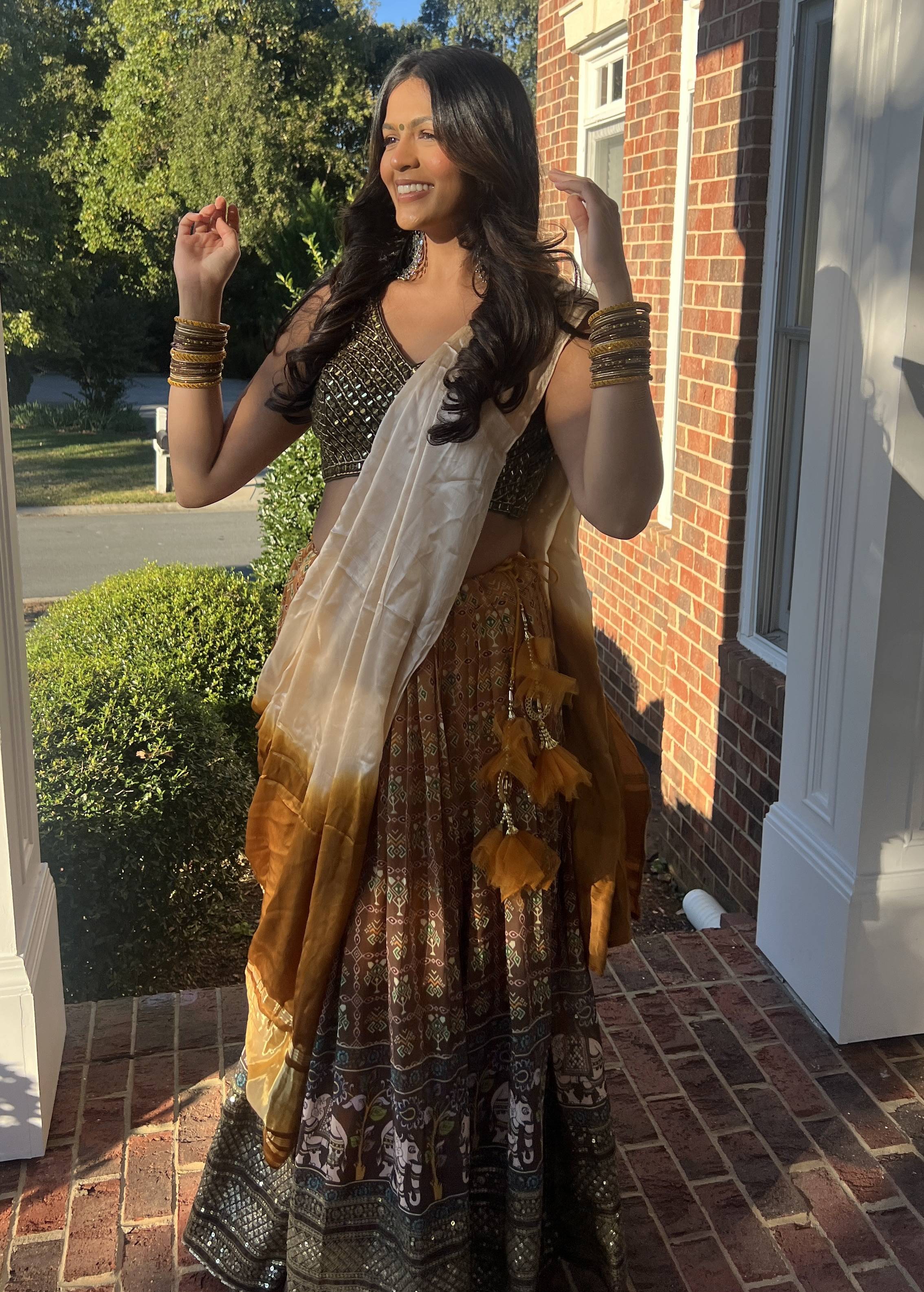 Brown Printed Mirrorwork Lehenga Image - 1