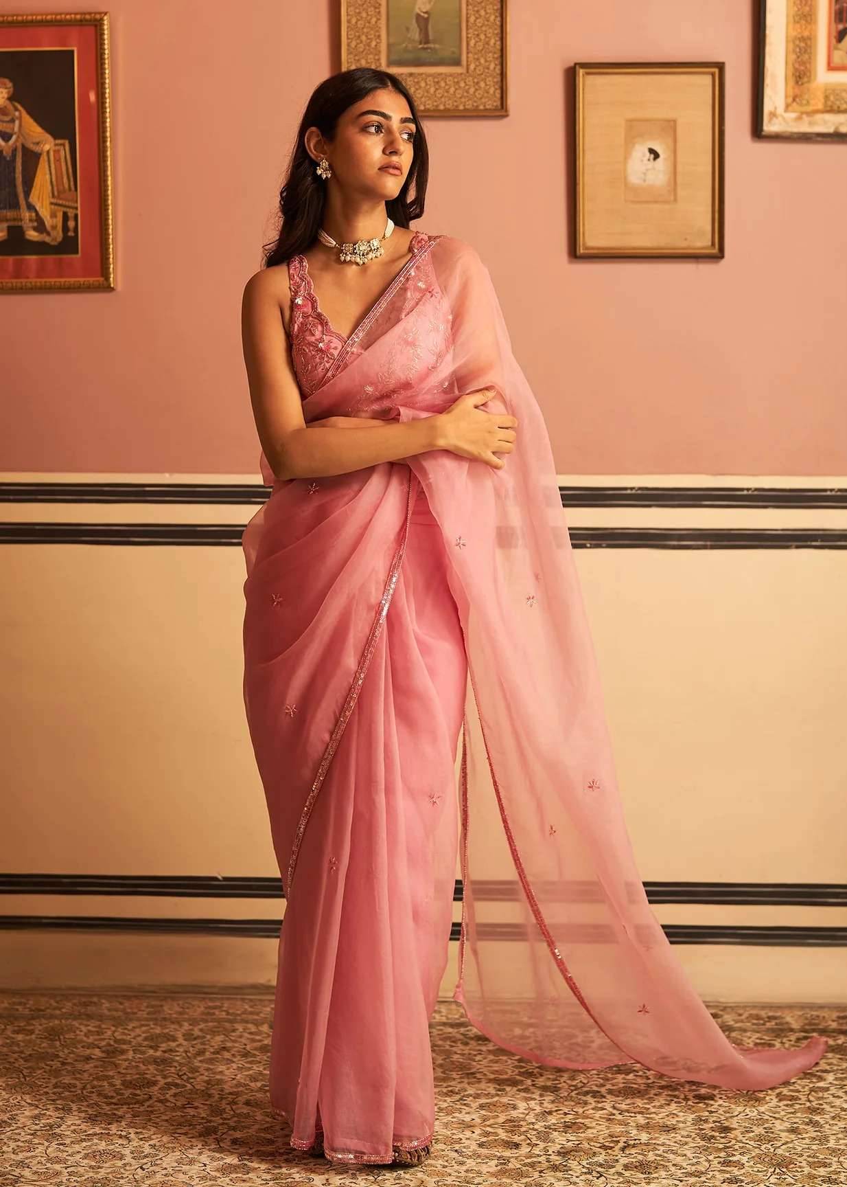 Pink Organza Embroidered Sari Image - 0
