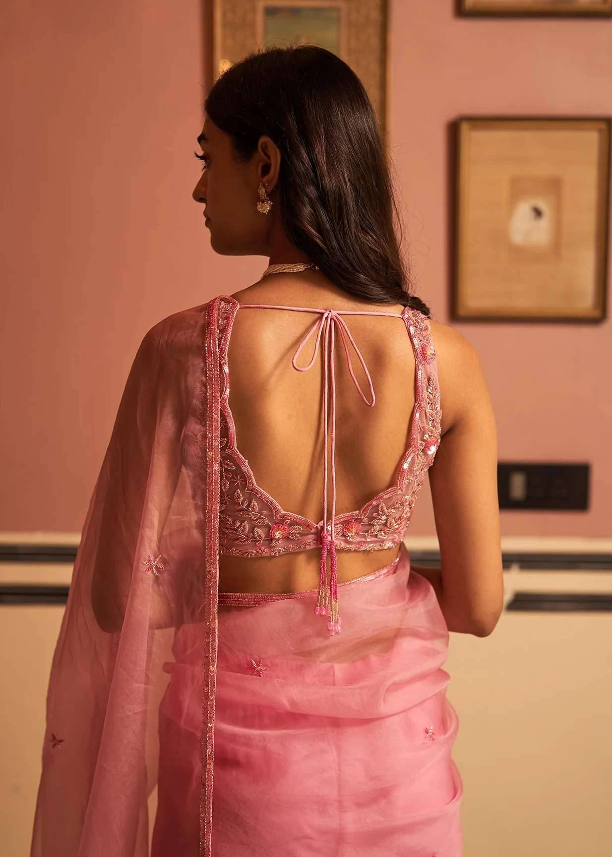 Pink Organza Embroidered Sari Image - 2