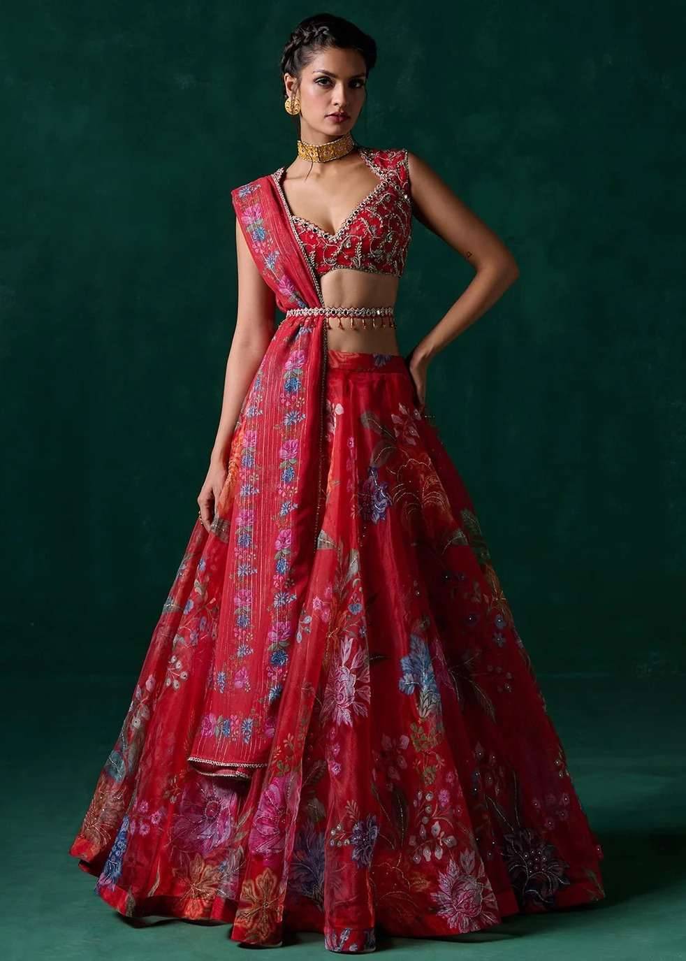 Red Multicolor Floral Printed Lehenga Image - 0