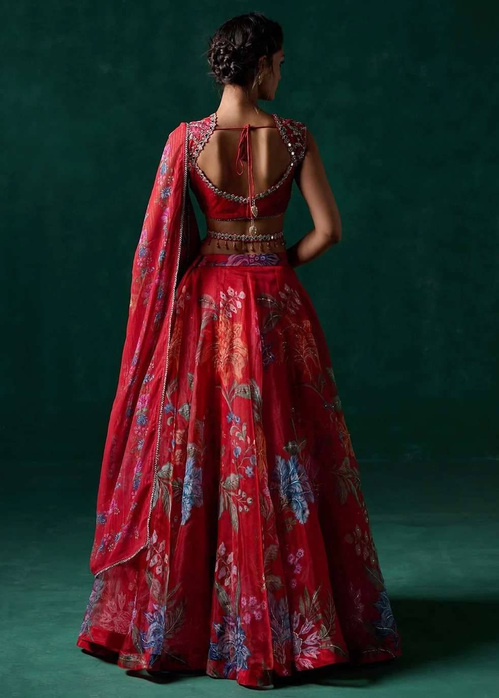 Red Multicolor Floral Printed Lehenga Image - 1