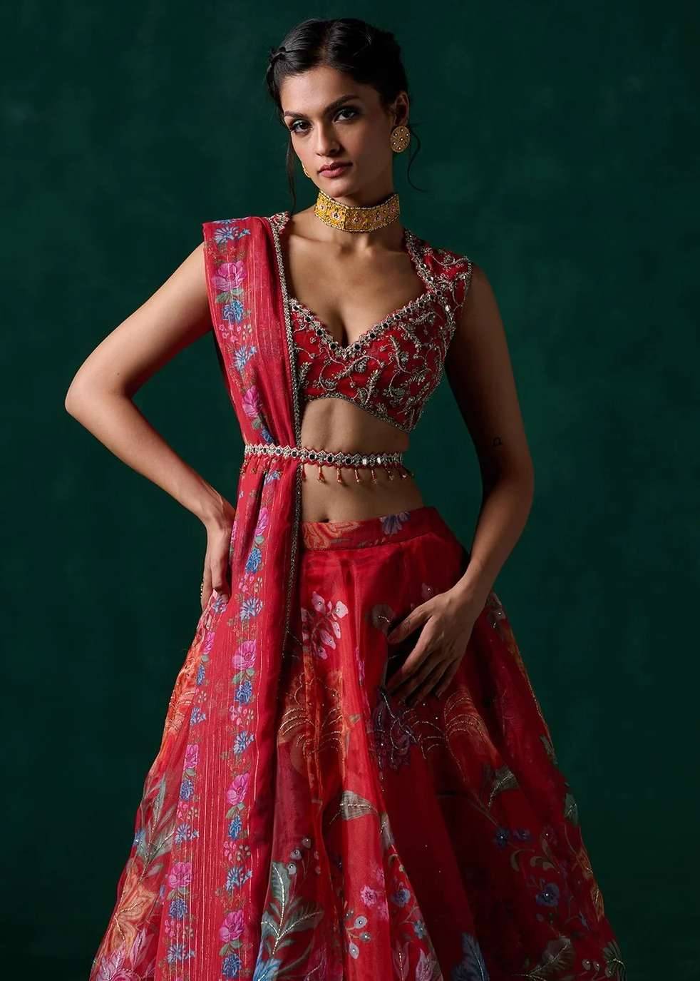 Red Multicolor Floral Printed Lehenga Image - 2