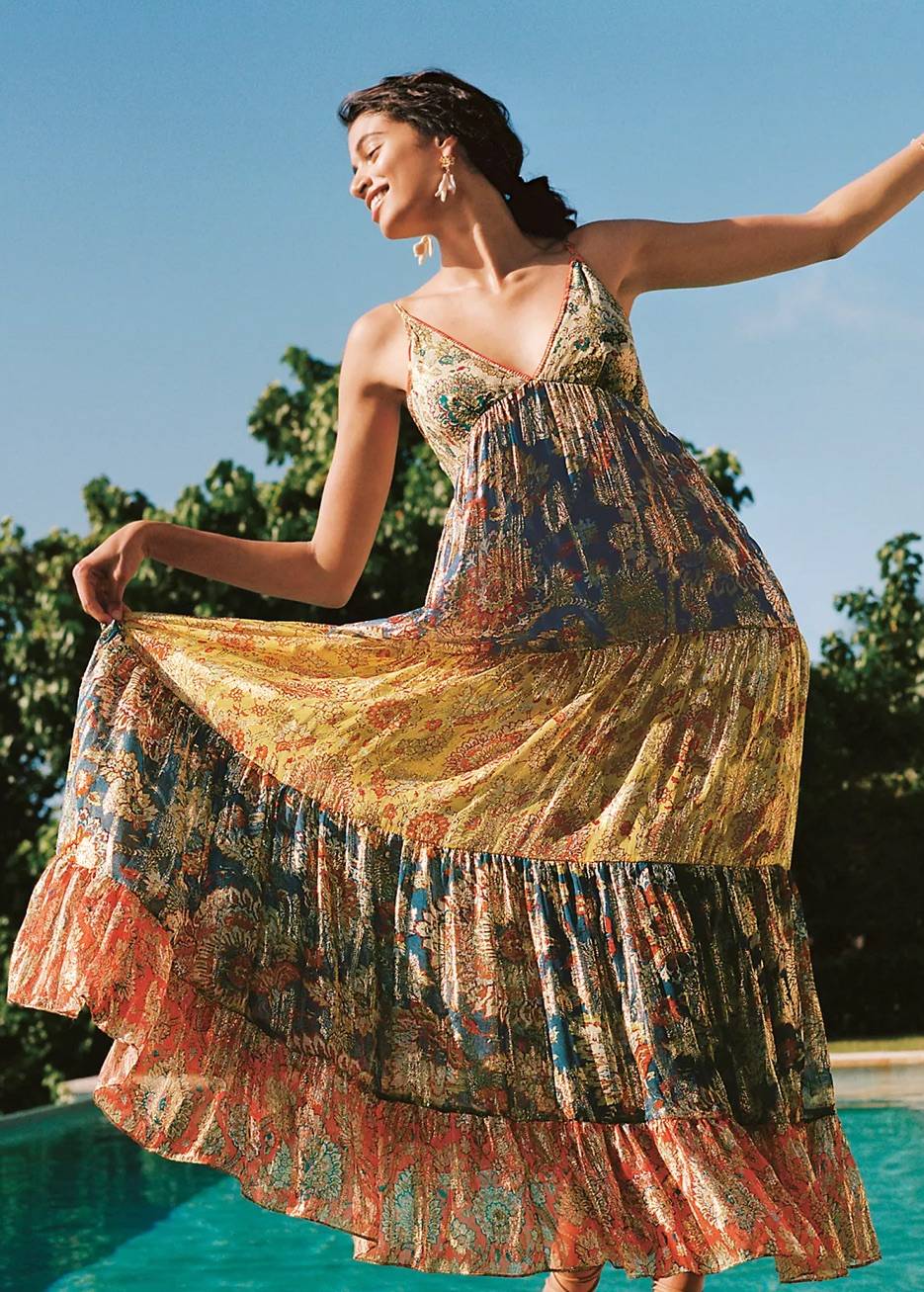 Colorful Metallic Tiered Maxi Dress Image - 5