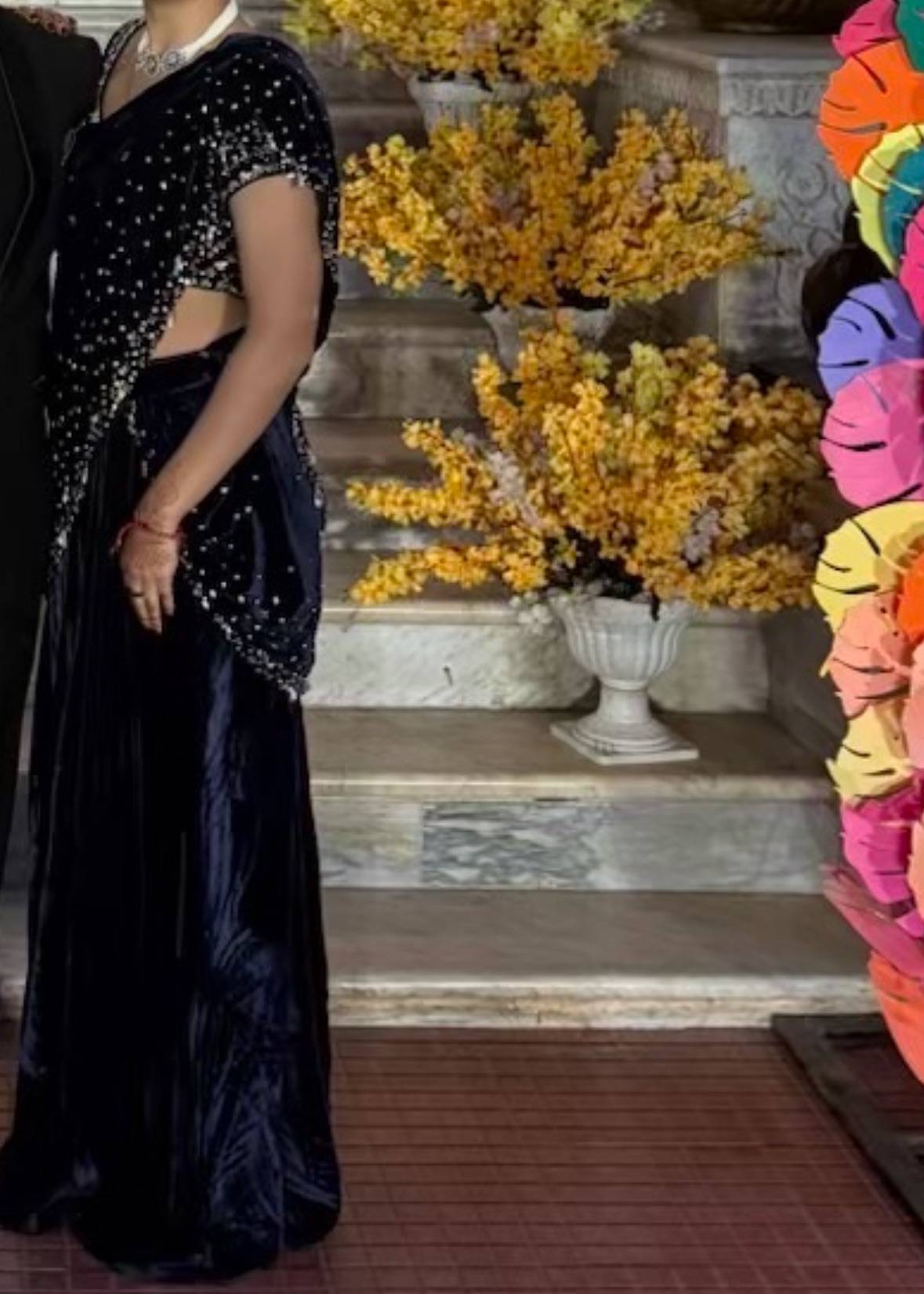 Navy Velvet Pre-Draped Sari Image - 0