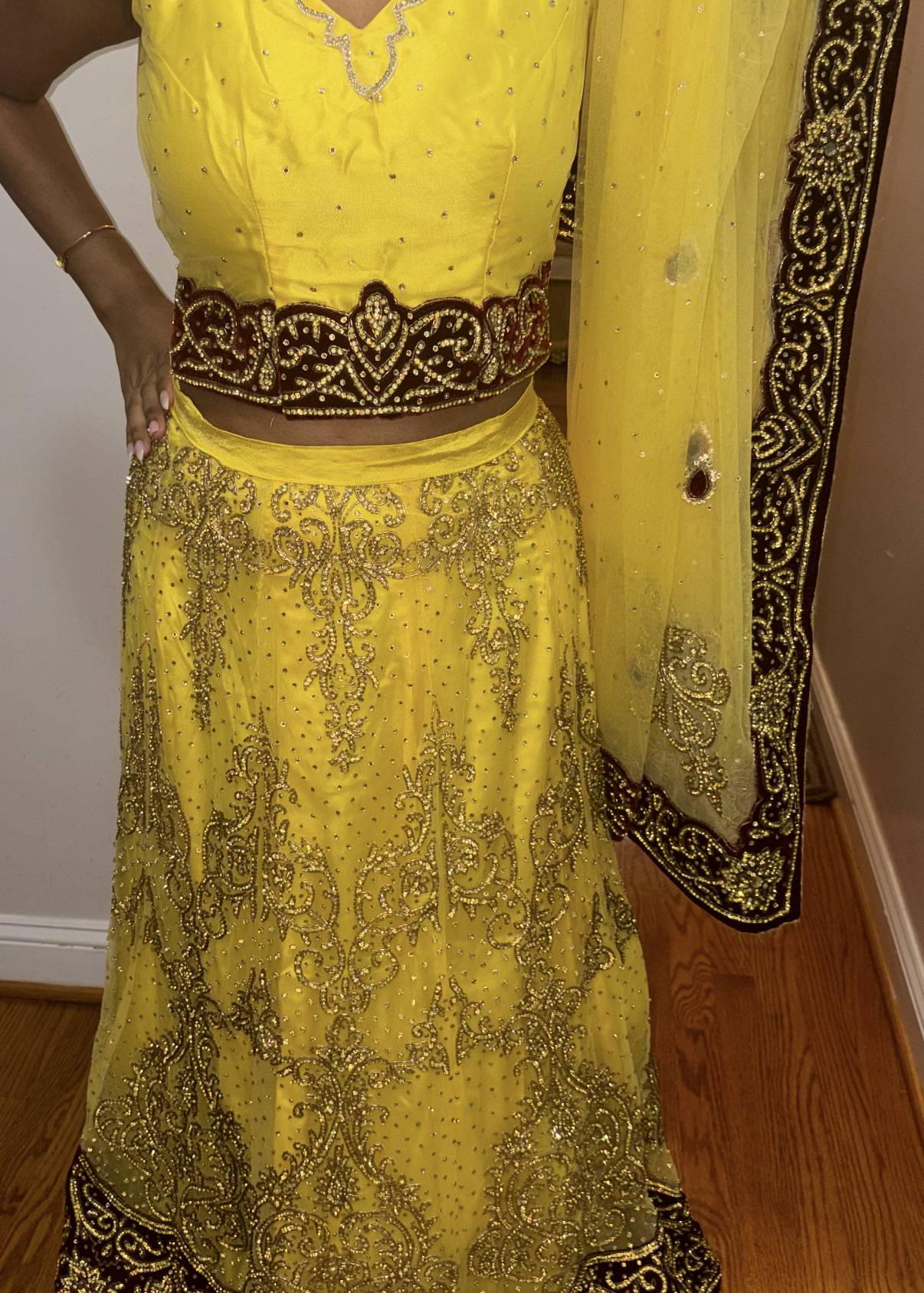 Yellow and Maroon Beaded Lehenga Image - 0