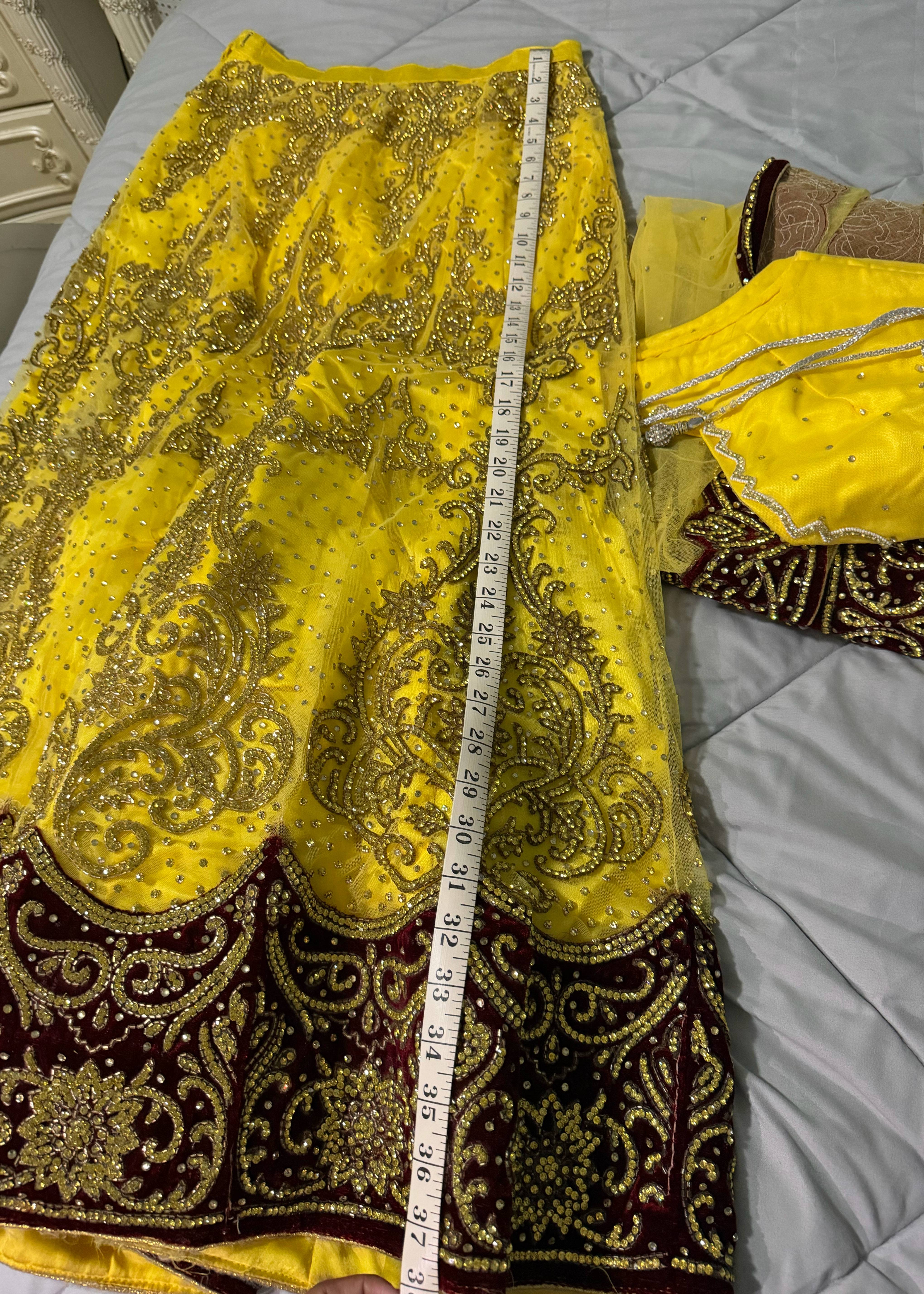 Yellow and Maroon Beaded Lehenga Image - 1