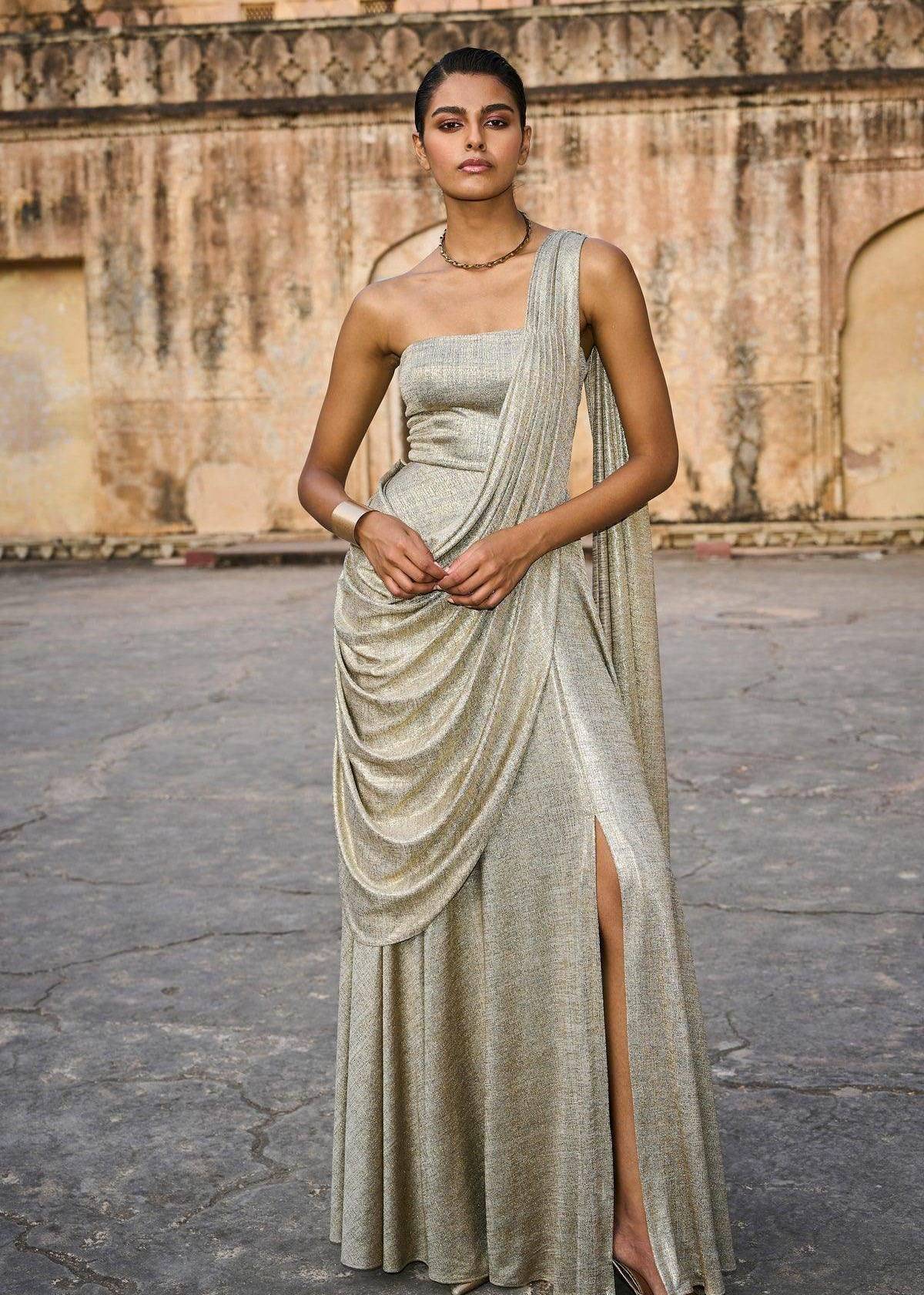 Silver Sari Gown Image - 4