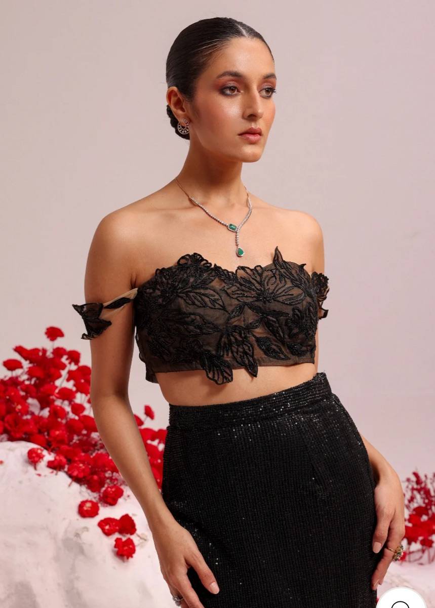 Black Sequin Slit Skirt Set Image - 3