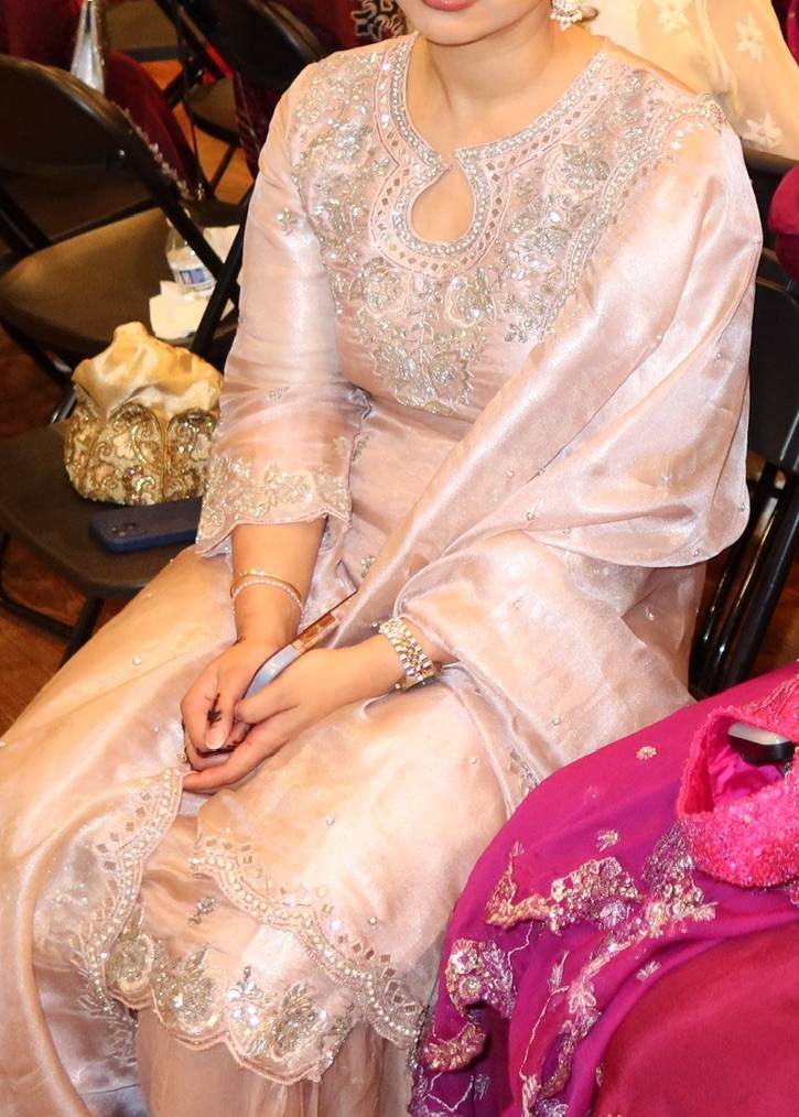 Peach Silver Work Tissue Kurta Sharara Set Image - 4