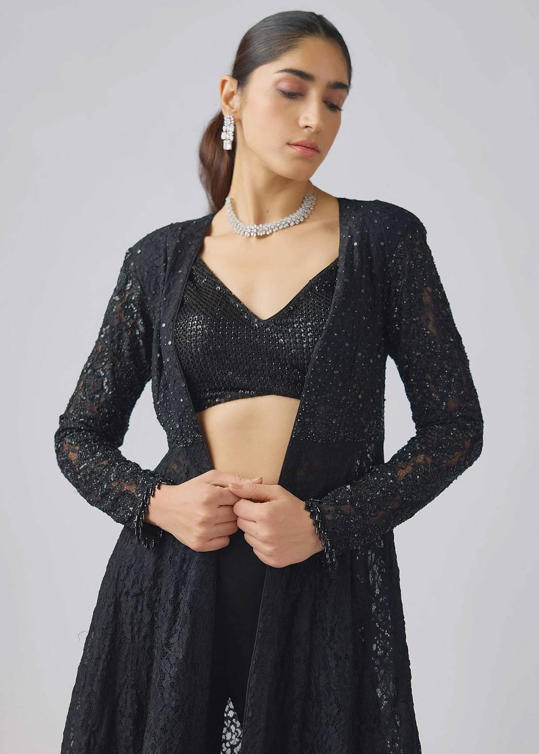 Black Lace Jacket Sharara Set Image - 2