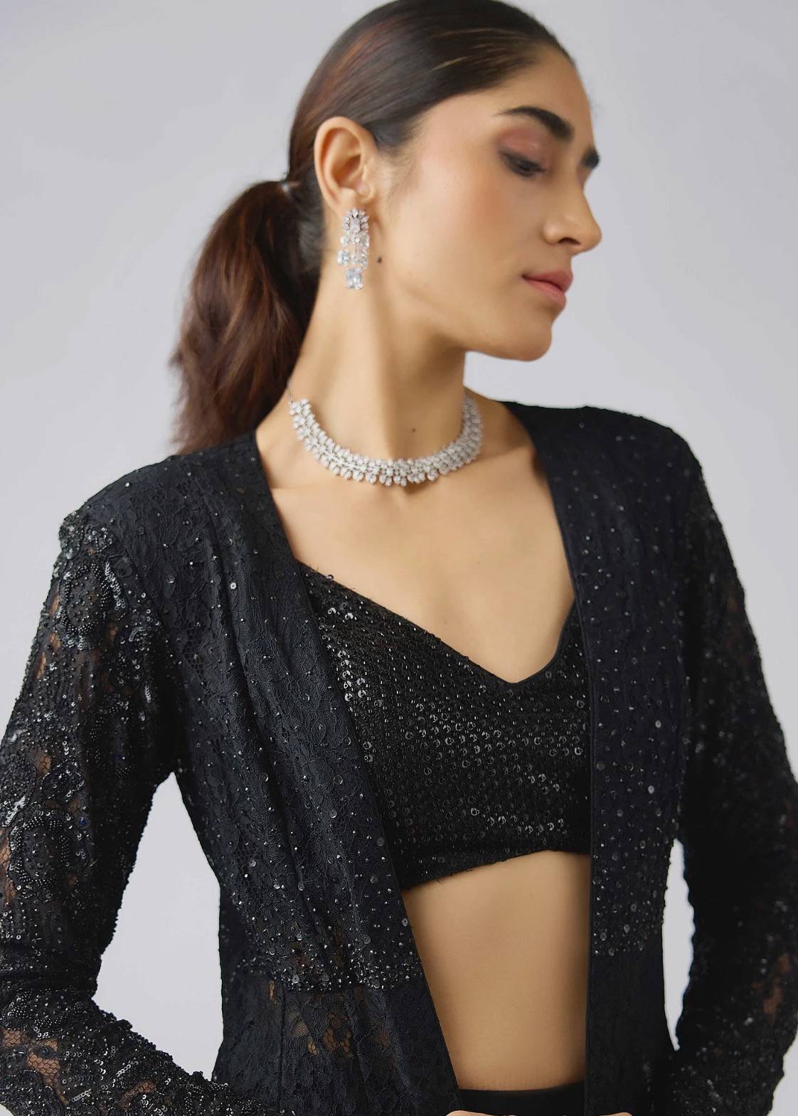 Black Lace Jacket Sharara Set Image - 4
