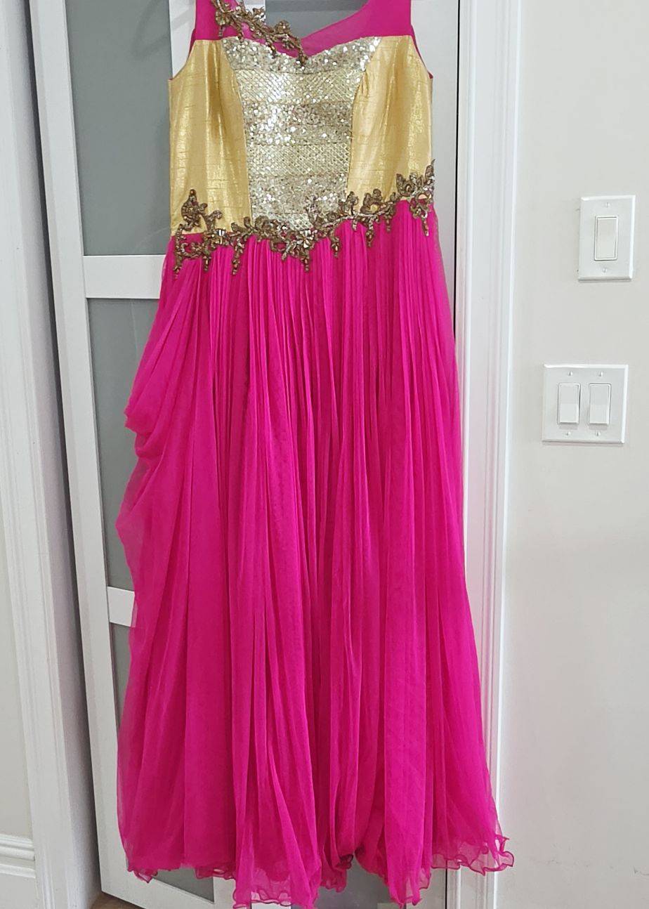 Hot Pink & Gold Sequin Anarkali Gown Image - 0