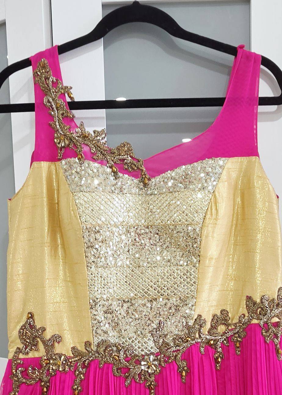 Hot Pink & Gold Sequin Anarkali Gown Image - 1