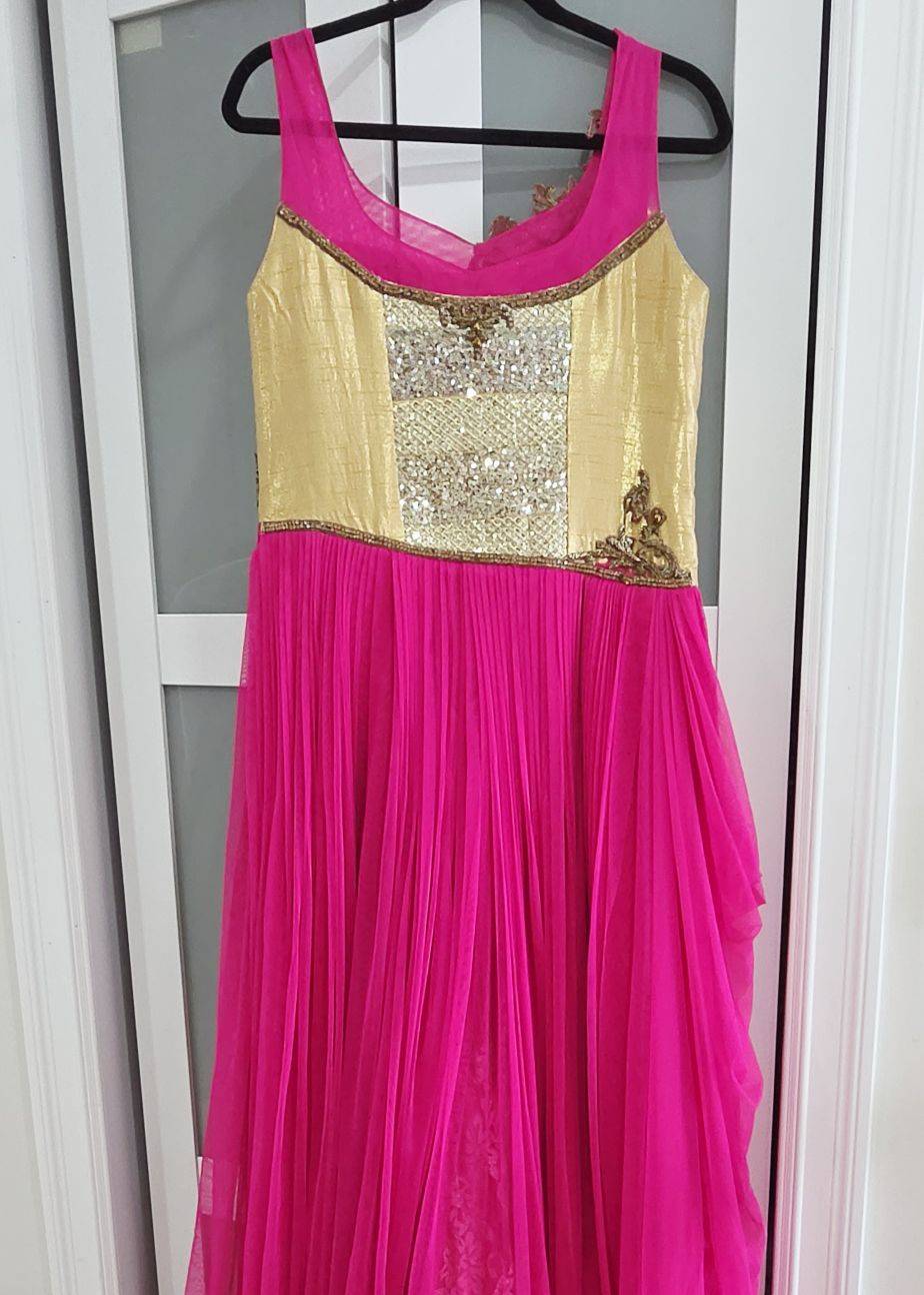 Hot Pink & Gold Sequin Anarkali Gown Image - 2