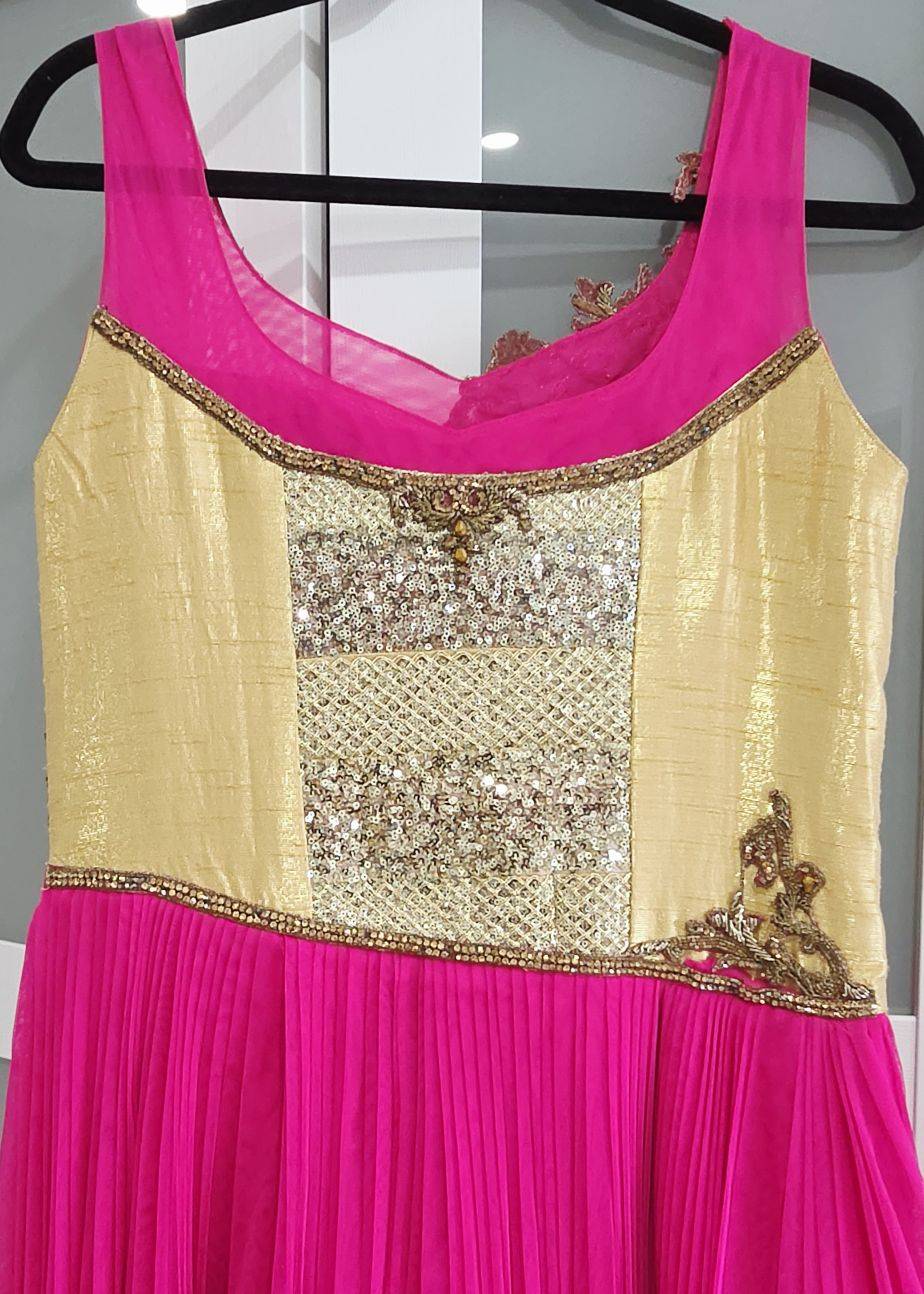 Hot Pink & Gold Sequin Anarkali Gown Image - 3