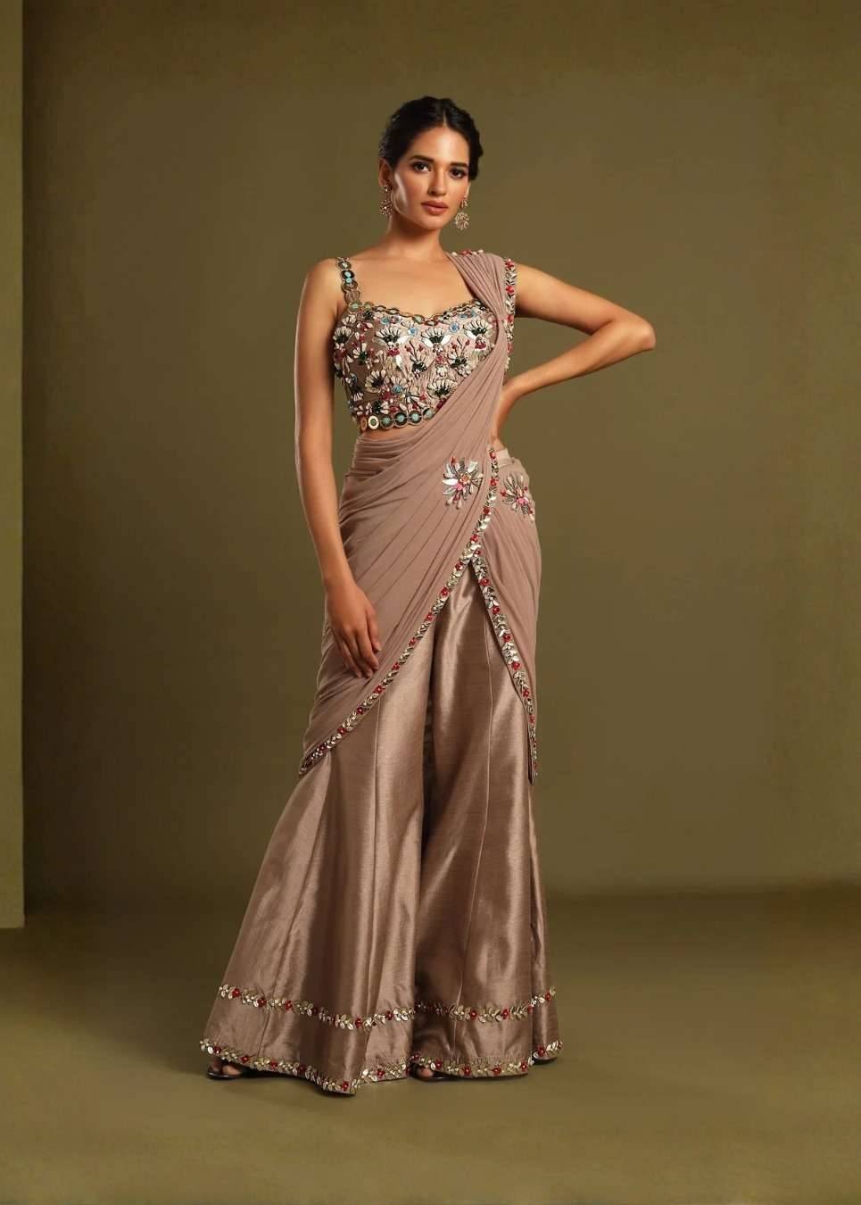 Dusty Brown Palazzo Pant Sari Set Image - 0