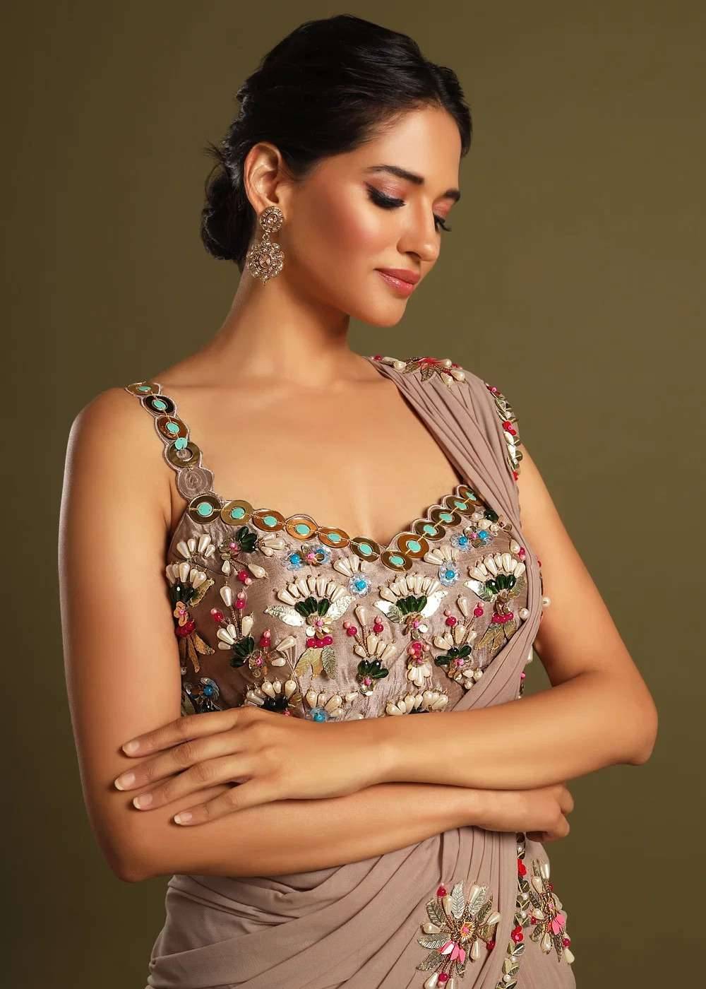 Dusty Brown Palazzo Pant Sari Set Image - 4