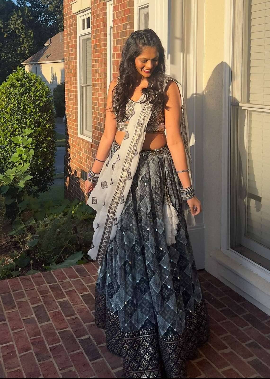 Grey and Blue Printed Lehenga Image - 0