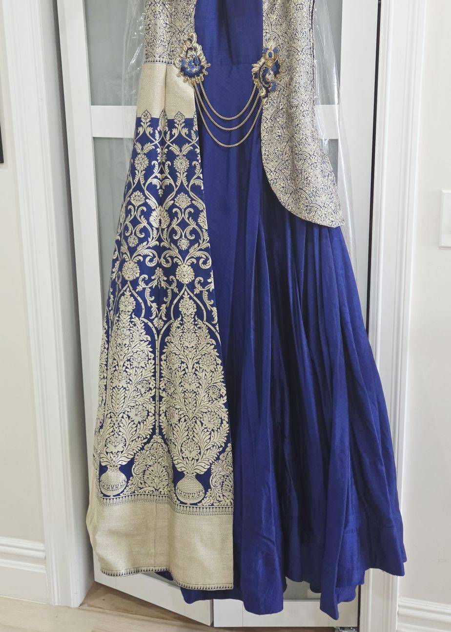 Royal Blue Banarasi Jacket Gown Image - 2