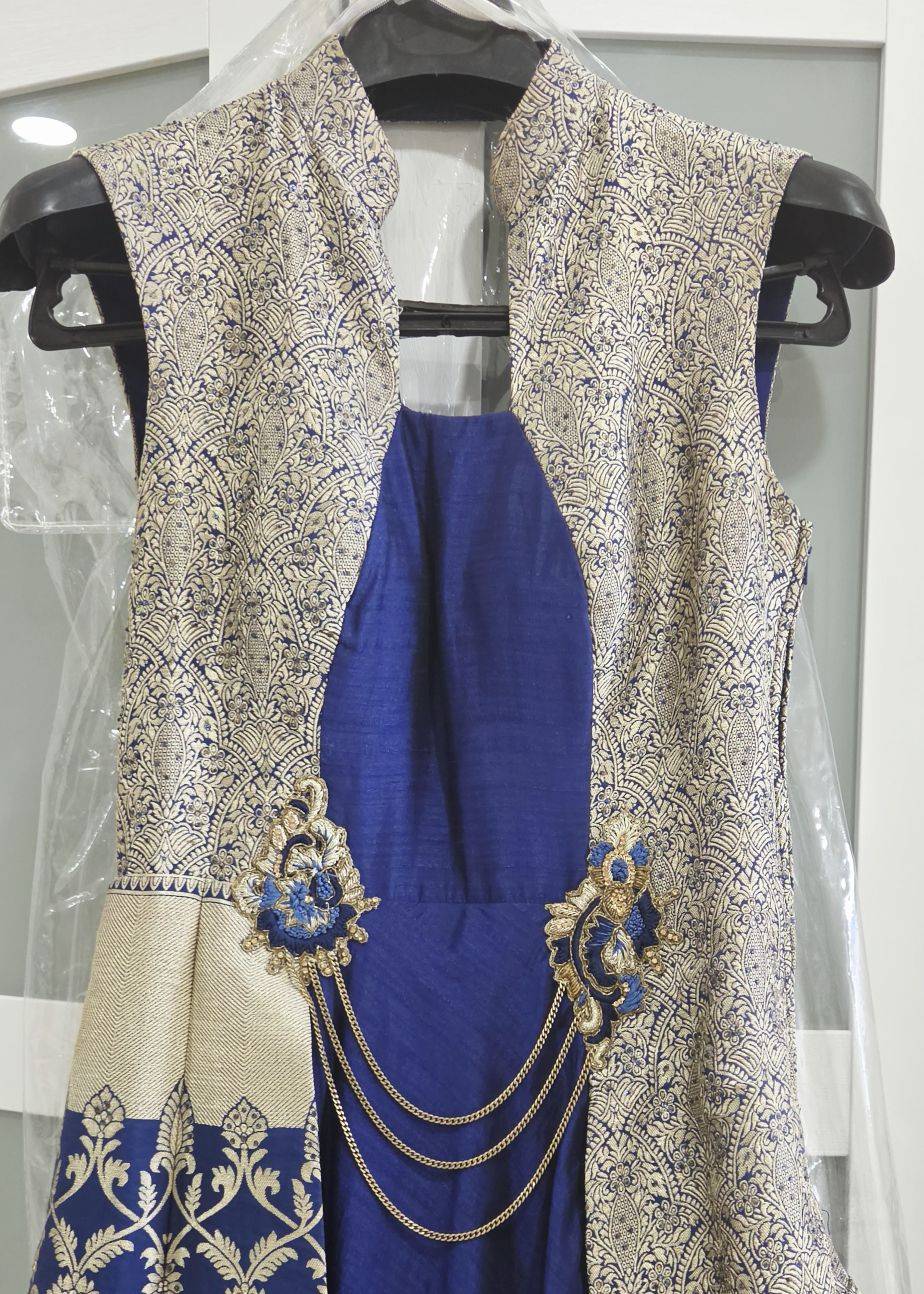Royal Blue Banarasi Jacket Gown Image - 1
