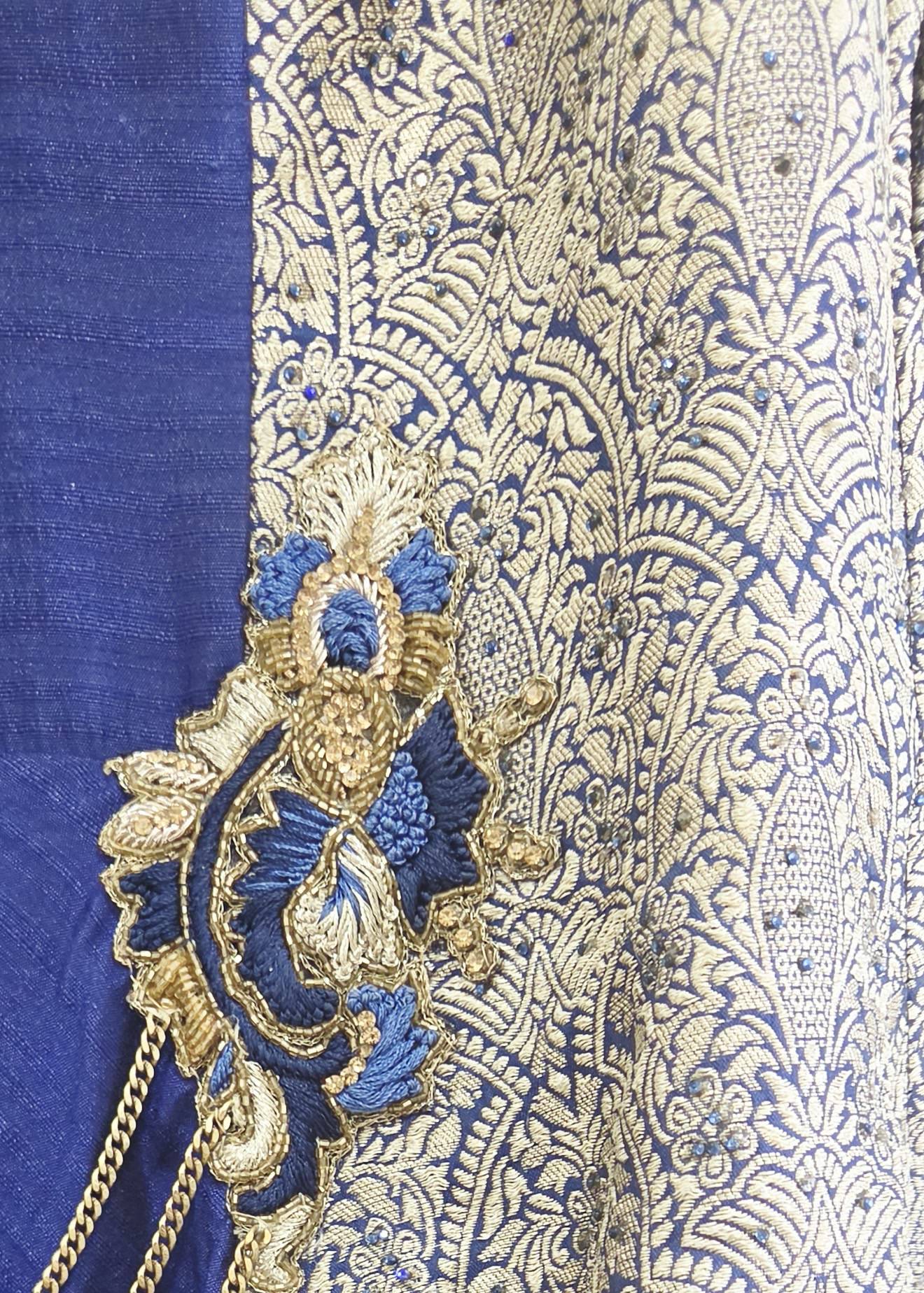 Royal Blue Banarasi Jacket Gown Image - 5